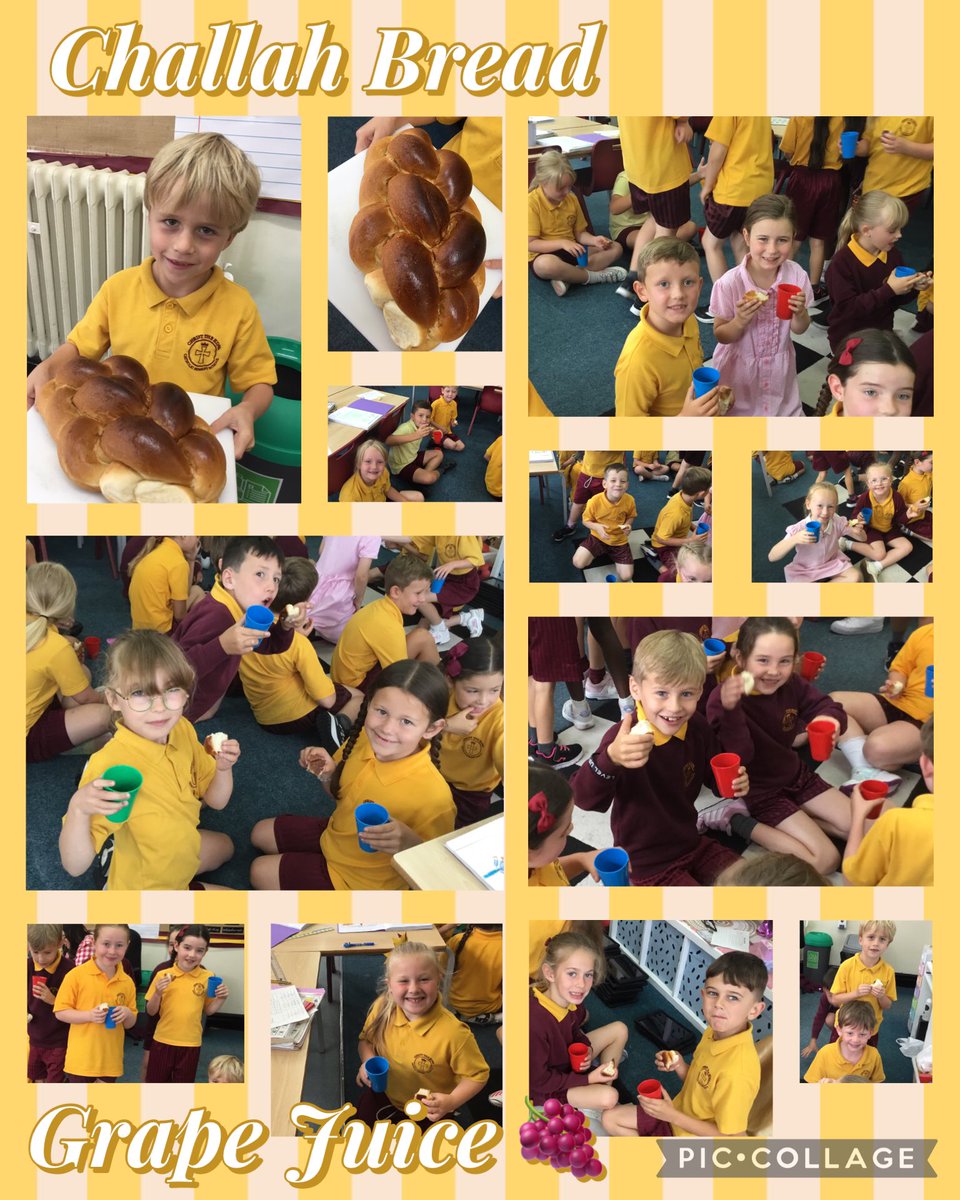 In RE we have been learning about the Jewish religion. This week we have found out about the importance of Shabbat including a family meal every Friday. We are lucky to have a wonderful Jewish bakery very close to our school, so we were able to try challah bread and grape juice.