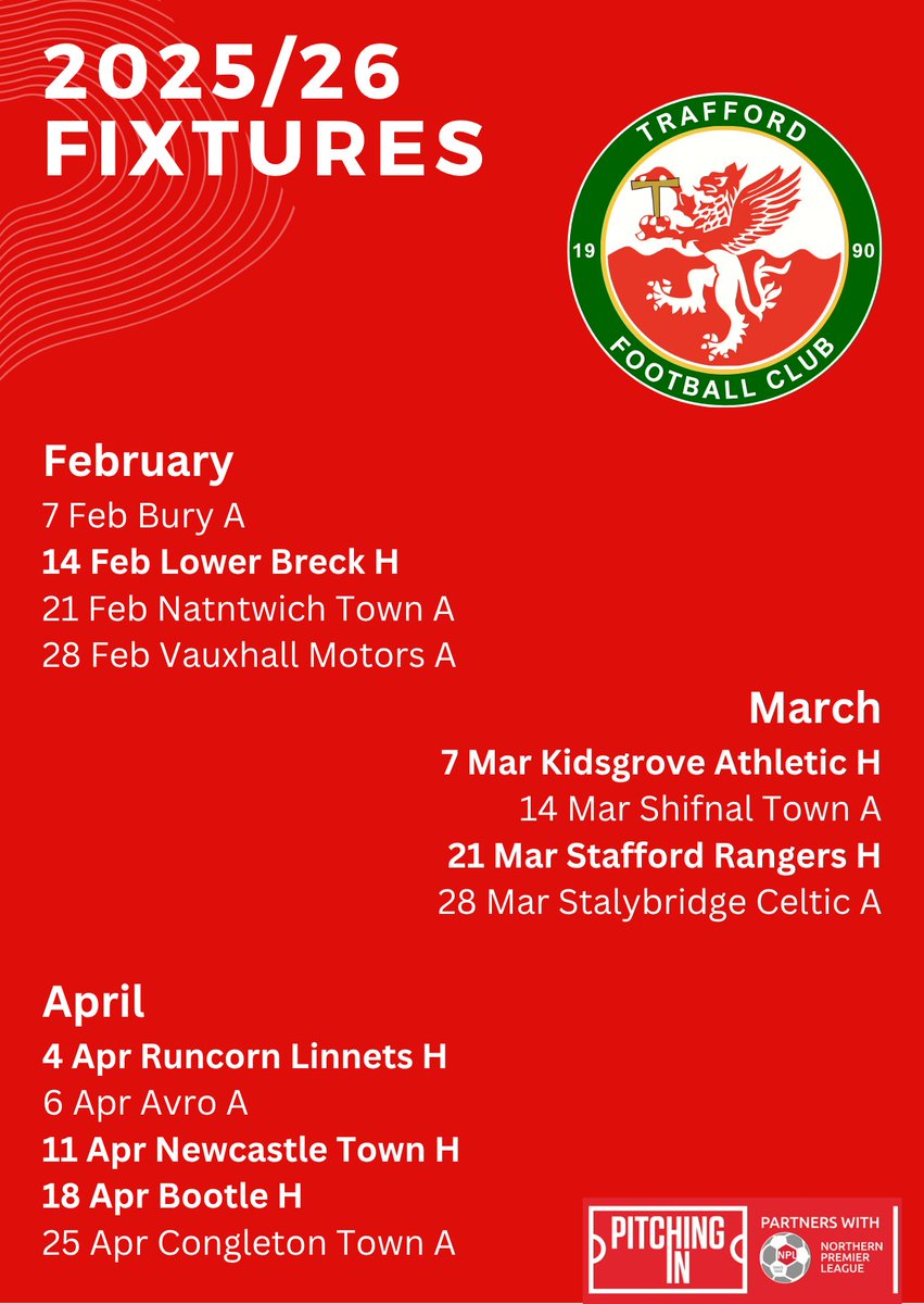 Trafford FC (@fctrafford) on Twitter photo The big day is here! The 2025/26 <a href="/NorthernPremLge/">The Pitching In Northern Premier League</a> fixtures are announced!
<a href="/DarloTown1874FC/">Darlaston Town</a> are the first visitors to Shawe View on Sat 9th Aug
We visit <a href="/ClitheroeFC/">Clitheroe FC</a> on Tue 12th for our first away trip
traffordfc.com/fixtures/
#NPLWestFixtureReleaseDay The big day is here! The 2025/26 <a href="/NorthernPremLge/">The Pitching In Northern Premier League</a> fixtures are announced!
<a href="/DarloTown1874FC/">Darlaston Town</a> are the first visitors to Shawe View on Sat 9th Aug
We visit <a href="/ClitheroeFC/">Clitheroe FC</a> on Tue 12th for our first away trip
traffordfc.com/fixtures/
#NPLWestFixtureReleaseDay