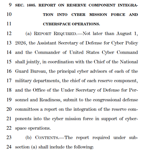 daveschroeder's tweet image. 🚨 HUGE news for National Guard cyber in the Senate version of the FY26 NDAA — integration of the @NationalGuard into the Cyber Mission Force (CMF), support to cyberspace operations while in Title 32, leveraging industry expertise and academic partnerships, and maximizing the…