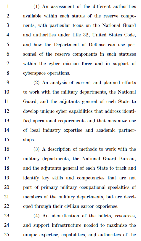 daveschroeder's tweet image. 🚨 HUGE news for National Guard cyber in the Senate version of the FY26 NDAA — integration of the @NationalGuard into the Cyber Mission Force (CMF), support to cyberspace operations while in Title 32, leveraging industry expertise and academic partnerships, and maximizing the…