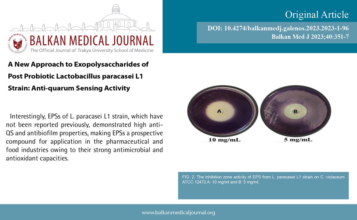 A New Approach to Exopolysaccharides of Post Probiotic Lactobacillus paracasei L1 Strain: Anti-quarum Sensing Activity
You can see the free full text of the research by Esin Kıray et al.
Link : balkanmedicaljournal.org/uploads/pdf/pd…