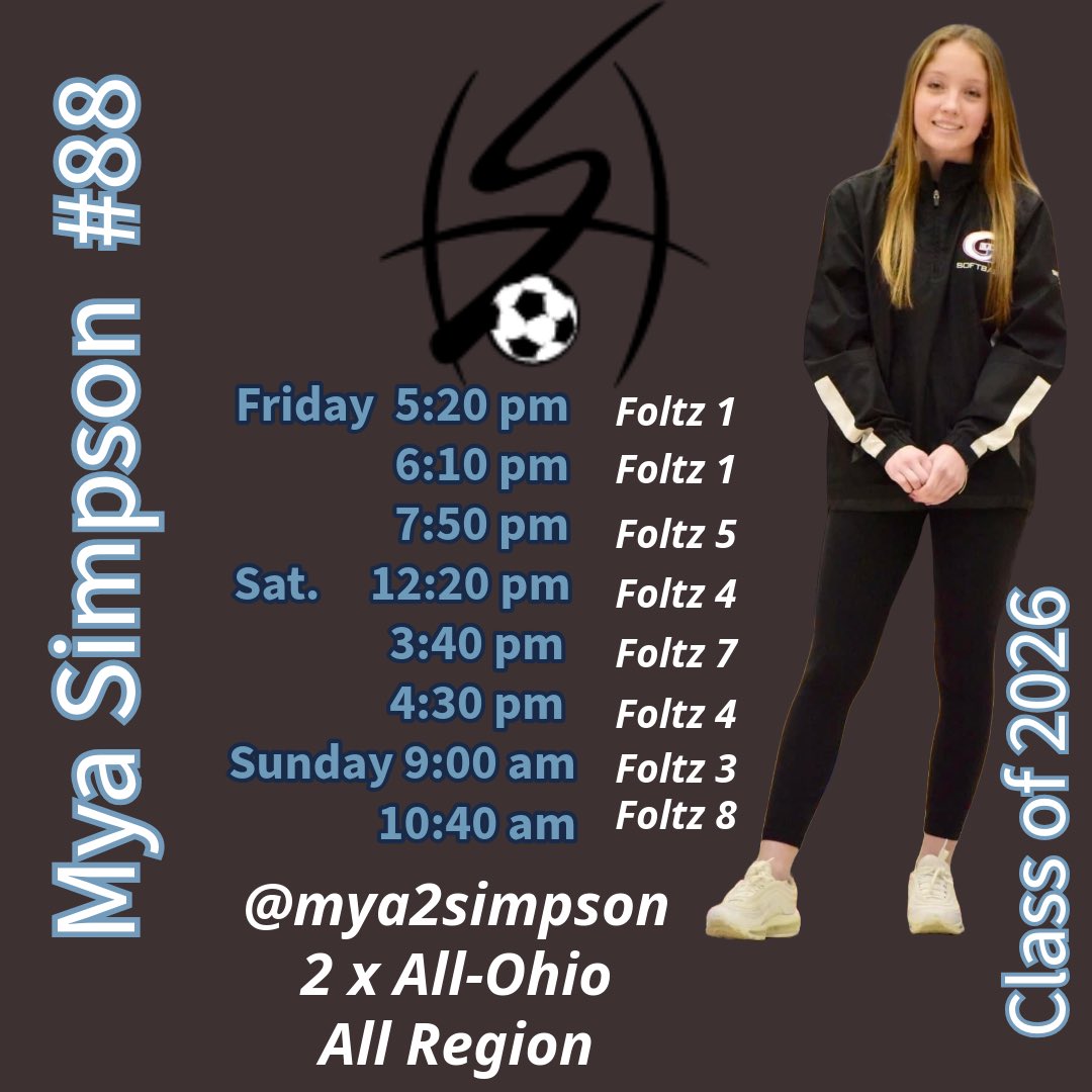 mya simpson (@mya2simpson) on Twitter photo My Greeneview high school team and I will be at the Strongsville showcase this weekend! This is our current schedule!
<a href="/greeneviewsport/">Greeneview Athletics</a> <a href="/TuWnsSoccer/">Tiffin University Women's Soccer</a> <a href="/OWUMSOC/">Ohio Wesleyan Soccer</a> <a href="/CedarvilleWS/">Cedarville University Women's Soccer</a> <a href="/WSU_wSoccer/">Wright State Women's Soccer</a> <a href="/CSU_WomenSoccer/">Cleveland State Women’s Soccer ⚽</a> <a href="/sobey810/">Travis</a> <a href="/ONUWS_BAC/">Ohio Northern Women’s Soccer</a> <a href="/BallStateSoccer/">Ball State Soccer</a> My Greeneview high school team and I will be at the Strongsville showcase this weekend! This is our current schedule!
<a href="/greeneviewsport/">Greeneview Athletics</a> <a href="/TuWnsSoccer/">Tiffin University Women's Soccer</a> <a href="/OWUMSOC/">Ohio Wesleyan Soccer</a> <a href="/CedarvilleWS/">Cedarville University Women's Soccer</a> <a href="/WSU_wSoccer/">Wright State Women's Soccer</a> <a href="/CSU_WomenSoccer/">Cleveland State Women’s Soccer ⚽</a> <a href="/sobey810/">Travis</a> <a href="/ONUWS_BAC/">Ohio Northern Women’s Soccer</a> <a href="/BallStateSoccer/">Ball State Soccer</a>