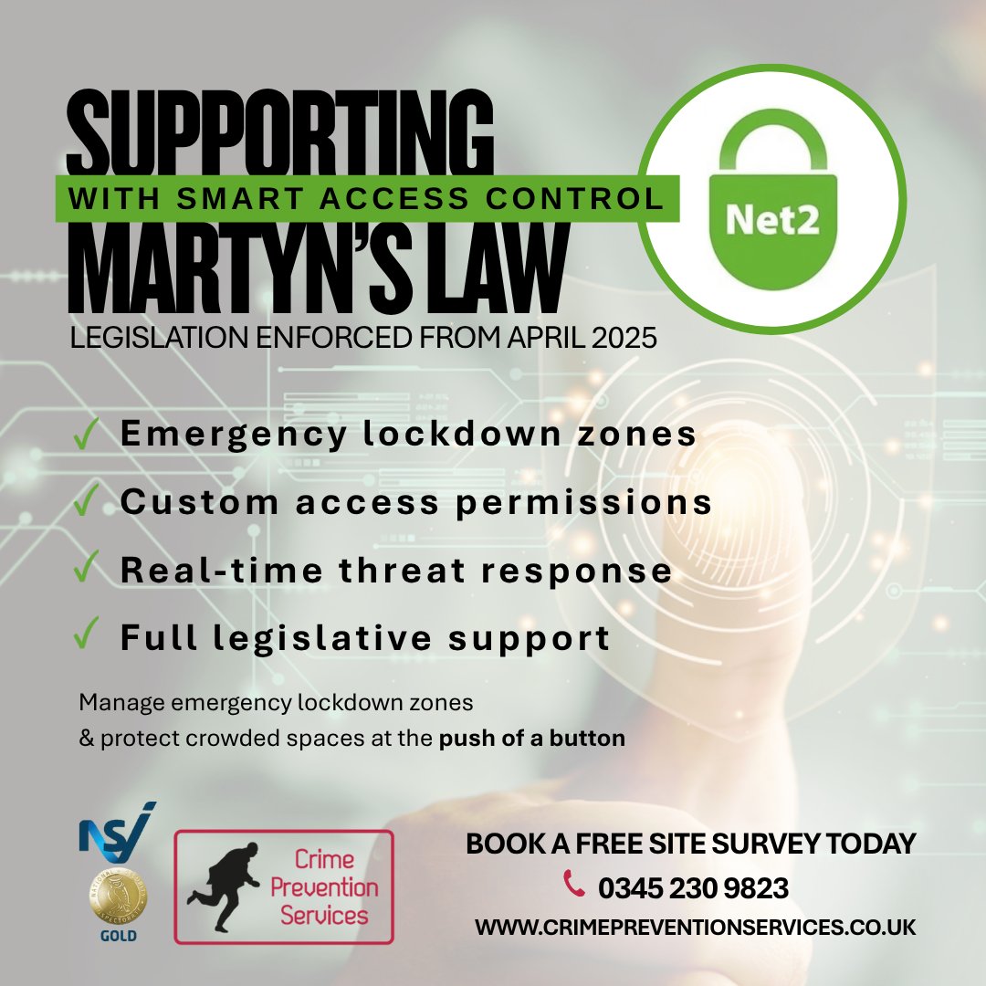 Is your premises prepared for Martyn’s Law? The law introduces a legal requirement for venues &amp; public spaces to assess terrorism risks &amp; implement proportionate protective measures. Get in touch to discuss your security needs.  #MartynsLaw #ProtectDuty #Net2 #AccessControl