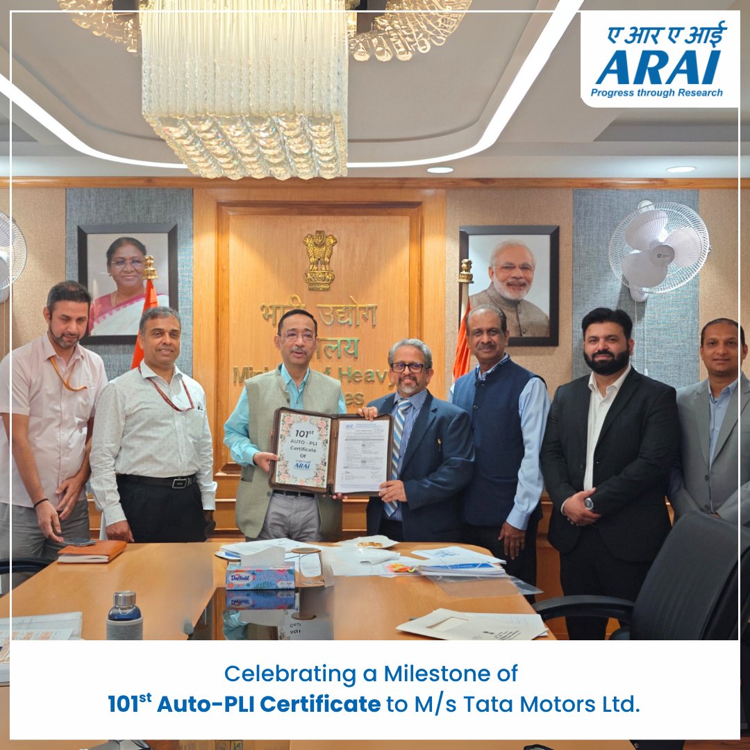 Automotive Research Association of India - ARAI (@araiindia) on Twitter photo Celebrating Auto-PLI Application Milestone!
ARAI announces that Shri Kamran Rizvi, Secretary, MHI in presence of Dr Hanif Qureshi, Addl Secretary, MHI & Dr Reji Mathai, Director-ARAI handed over PLI Certificates of ARAI to Suman Mishra <a href="/MahindraLMM/">Mahindra Last Mile Mobility</a> & Sushant Naik <a href="/TataMotors_Cars/">Tata Motors Cars</a> Celebrating Auto-PLI Application Milestone!
ARAI announces that Shri Kamran Rizvi, Secretary, MHI in presence of Dr Hanif Qureshi, Addl Secretary, MHI & Dr Reji Mathai, Director-ARAI handed over PLI Certificates of ARAI to Suman Mishra <a href="/MahindraLMM/">Mahindra Last Mile Mobility</a> & Sushant Naik <a href="/TataMotors_Cars/">Tata Motors Cars</a>