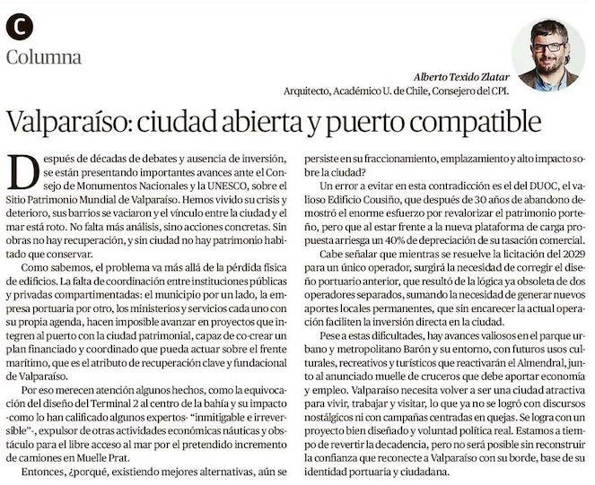 [Columna] “Valparaíso: ciudad abierta y puerto compatible”. vía <a href="/mercuriovalpo/">El Mercurio de Valparaíso</a>

<a href="/uchile/">Universidad de Chile</a> <a href="/MundoFAU_uchile/">FAU U. de Chile</a> <a href="/consejo_cpi/">CPI</a> <a href="/AOA_Chile/">AOA_Chile</a> <a href="/Coarqvalpo/">ColegioArqValpo</a> 
<a href="/PortValparaiso/">Puerto Valparaíso</a> <a href="/IdomGroup/">IDOM</a> <a href="/somosasiva/">ASIVA</a> <a href="/CChCValparaiso/">CChC Valparaíso</a>