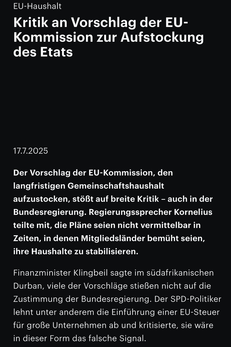 FinMin <a href="/larsklingbeil/">Lars Klingbeil 🇪🇺</a>⁩ lehnt eine EU-Steuer für große Unternehmen ab.
Das muss dieser tief verankerte sozialdemokratische und proeuropäische Impuls eines weitsichtigen SPD Politikers sein.
Läuft sicher für Alternativen wie Finanztransaktions- und Digitalsteuer f. Tech-Riesen🤯
