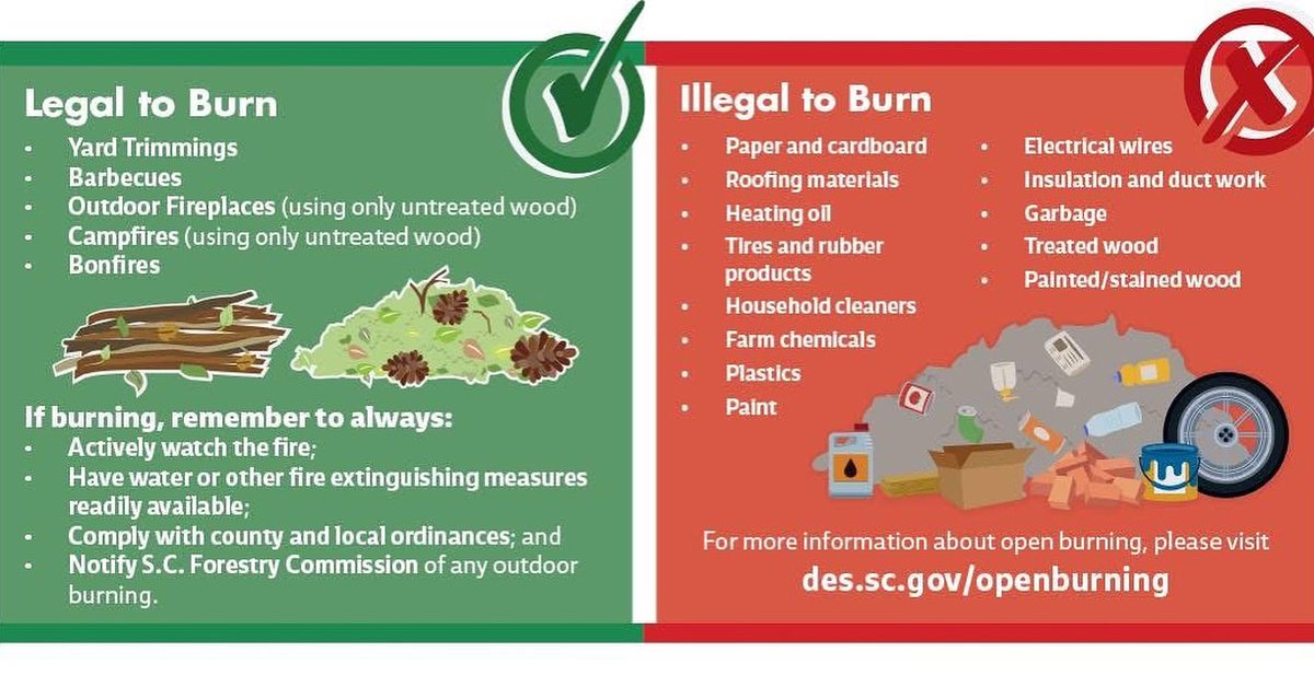 SC_EnvServices's tweet image. Burning this summer? In SC, only yard trimmings, BBQs, and campfires with untreated wood are allowed (if local rules permit). 

Never burn plastics, tires, or debris. Outside city limits? Notify Forestry. 

Learn more: des.sc.gov/openburning 

#CleanAirSC