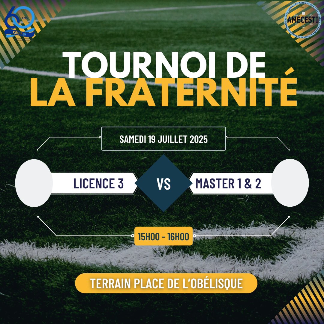 Rendez-vous ce samedi 19 juillet à 15h au terrain de la place de l’Obélisque pour la demi-finale du tournoi de la fraternité. 
Venez nombreux soutenir vos équipes !
#AMECESTI #SPORT