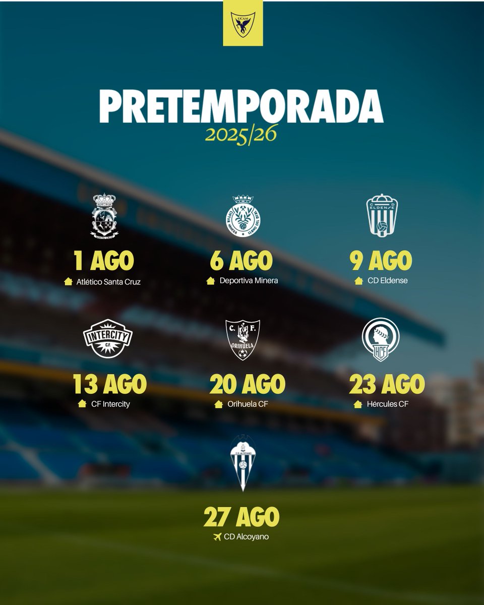 UCAM Murcia CF (@ucammurciacf) on Twitter photo 📅 Cerrado nuestro calendario de partidos para esta pretemporada 2025/26.
Siete amistosos antes del debut liguero frente al <a href="/UDMelilla/">Unión Deportiva Melilla</a>.
👉🏻 Nuestro primer test: 𝐀𝐭𝐥𝐞́𝐭𝐢𝐜𝐨 𝐒𝐚𝐧𝐭𝐚 𝐂𝐫𝐮𝐳.
Más información: ucamdeportes.com/ucamcf/noticia… 📅 Cerrado nuestro calendario de partidos para esta pretemporada 2025/26.
Siete amistosos antes del debut liguero frente al <a href="/UDMelilla/">Unión Deportiva Melilla</a>.
👉🏻 Nuestro primer test: 𝐀𝐭𝐥𝐞́𝐭𝐢𝐜𝐨 𝐒𝐚𝐧𝐭𝐚 𝐂𝐫𝐮𝐳.
Más información: ucamdeportes.com/ucamcf/noticia…