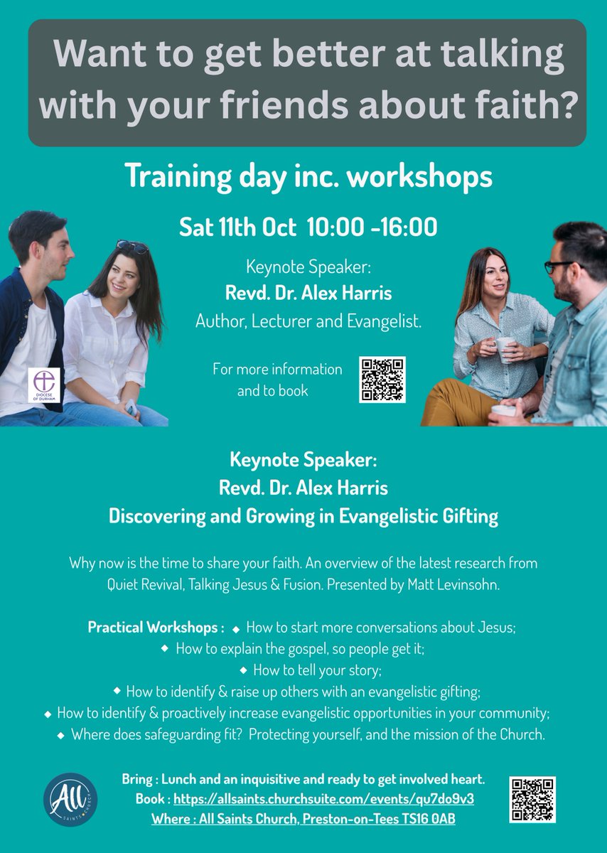 DioceseofDurham's tweet image. Want to get better at talking with your friends about faith? Free training day with workshops and keynote speaker, The Revd Dr. Alex Harris.
Saturday 11 October 2025 | 10am – 4pm | All Saints Church, Preston on TeesTS16 0AB
For more information, contact…
