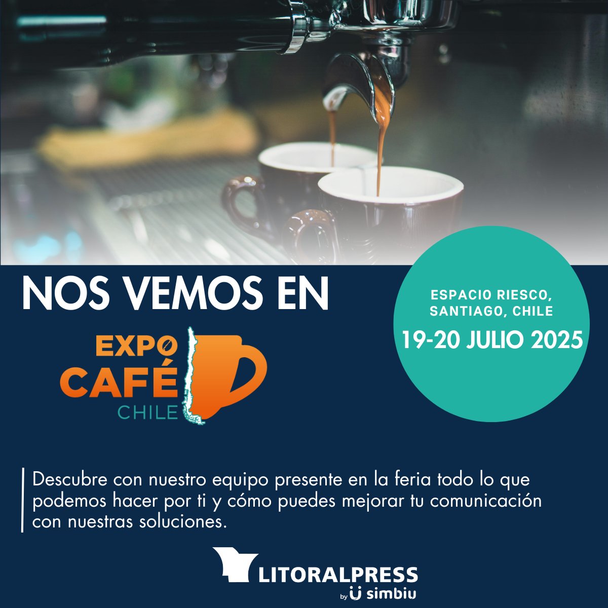 ¡El 19 y 20 de Julio de 2025 estaremos #ExpocaféChile !
Descubre nuestras soluciones de #mediaintelligence para a mejorar tu estrategia de comunicación.  

 #ExpoCafe2025 #CaféEnChile #FeriaDelCafé #ComunicaciónEfectiva #CaféYComunicación #EstrategiaDeComunicación