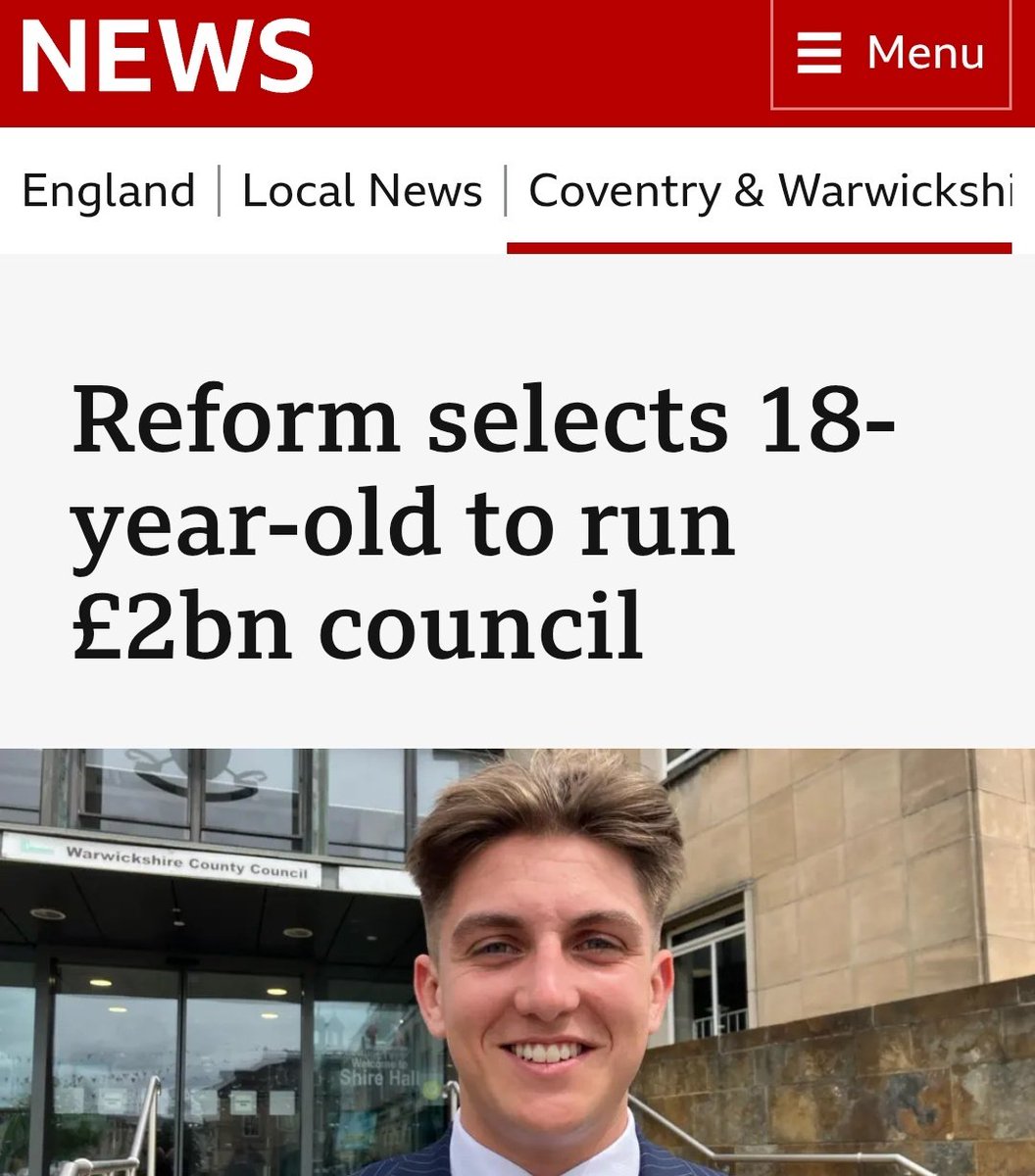 Parody_PM's tweet image. Not sure why Reform are up in arms about 16 and 17 year olds voting. They put this 18 year old in charge of a £2bn council, which is pretty irresponsible if they thought he couldn’t even be trusted to vote a few months ago.