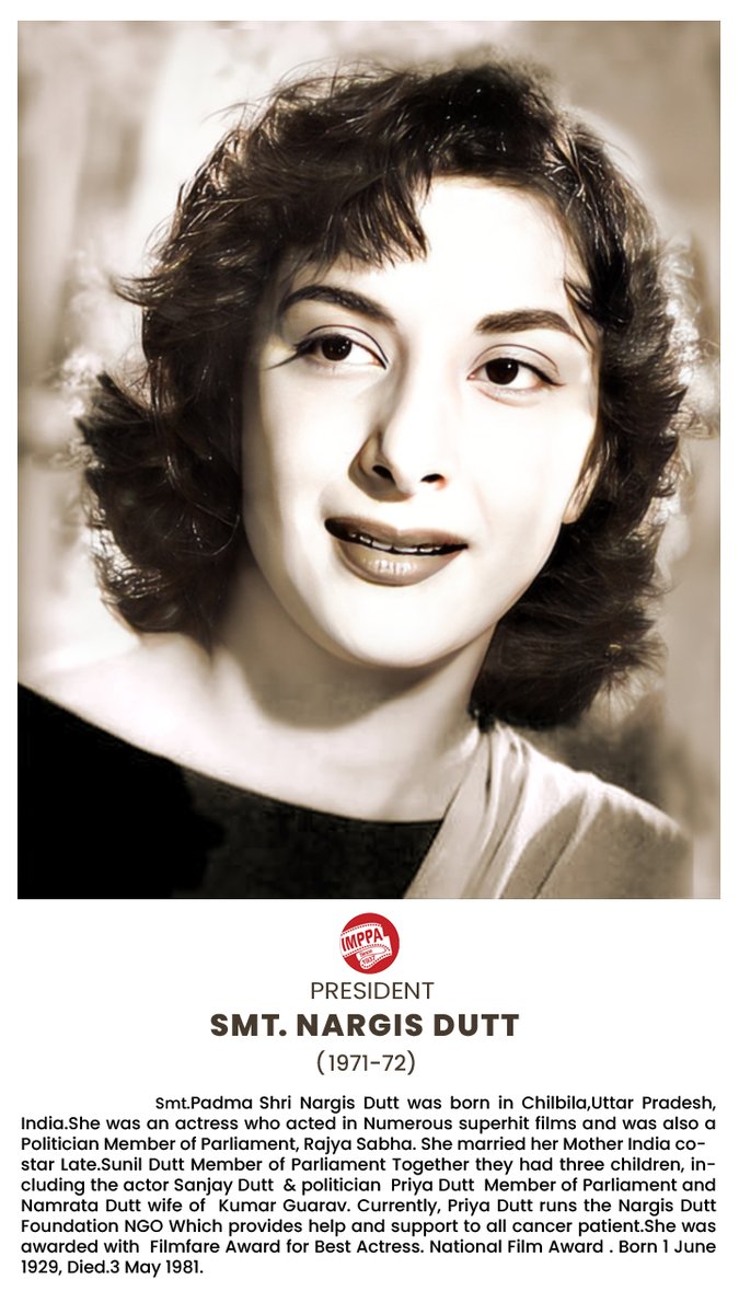 Smt. Nargis Dutt was the 21st President of the Indian Motion Picture Producers' Association (IMPPA) 
#IMPPA
#mumbai
#bollywood
#indiancinema
#IMPPA
#heritagecinema
#heritagefoundation
#nostalgia