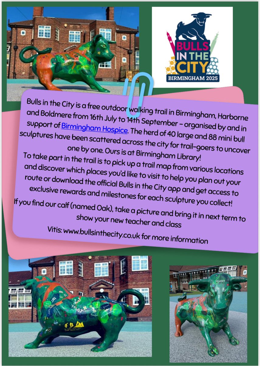 The Oaklands Primary School (@theoaklandsbham) on Twitter photo 👀 Who will spot our calf? 👀
We are so excited to have our calf ‘Oak’ displayed at the incredible <a href="/LibraryofBham/">LibraryofBirmingham</a> as part of <a href="/bulls_inthecity/">Bulls_inthecity</a> with <a href="/wildinart/">Wild in Art</a>
Proud to have raised £2054.65 for <a href="/brumshospice/">Birmingham Hospice</a> as part of this project.
🐮 🖼️ #OaklandsLEAF 👀 Who will spot our calf? 👀
We are so excited to have our calf ‘Oak’ displayed at the incredible <a href="/LibraryofBham/">LibraryofBirmingham</a> as part of <a href="/bulls_inthecity/">Bulls_inthecity</a> with <a href="/wildinart/">Wild in Art</a>
Proud to have raised £2054.65 for <a href="/brumshospice/">Birmingham Hospice</a> as part of this project.
🐮 🖼️ #OaklandsLEAF