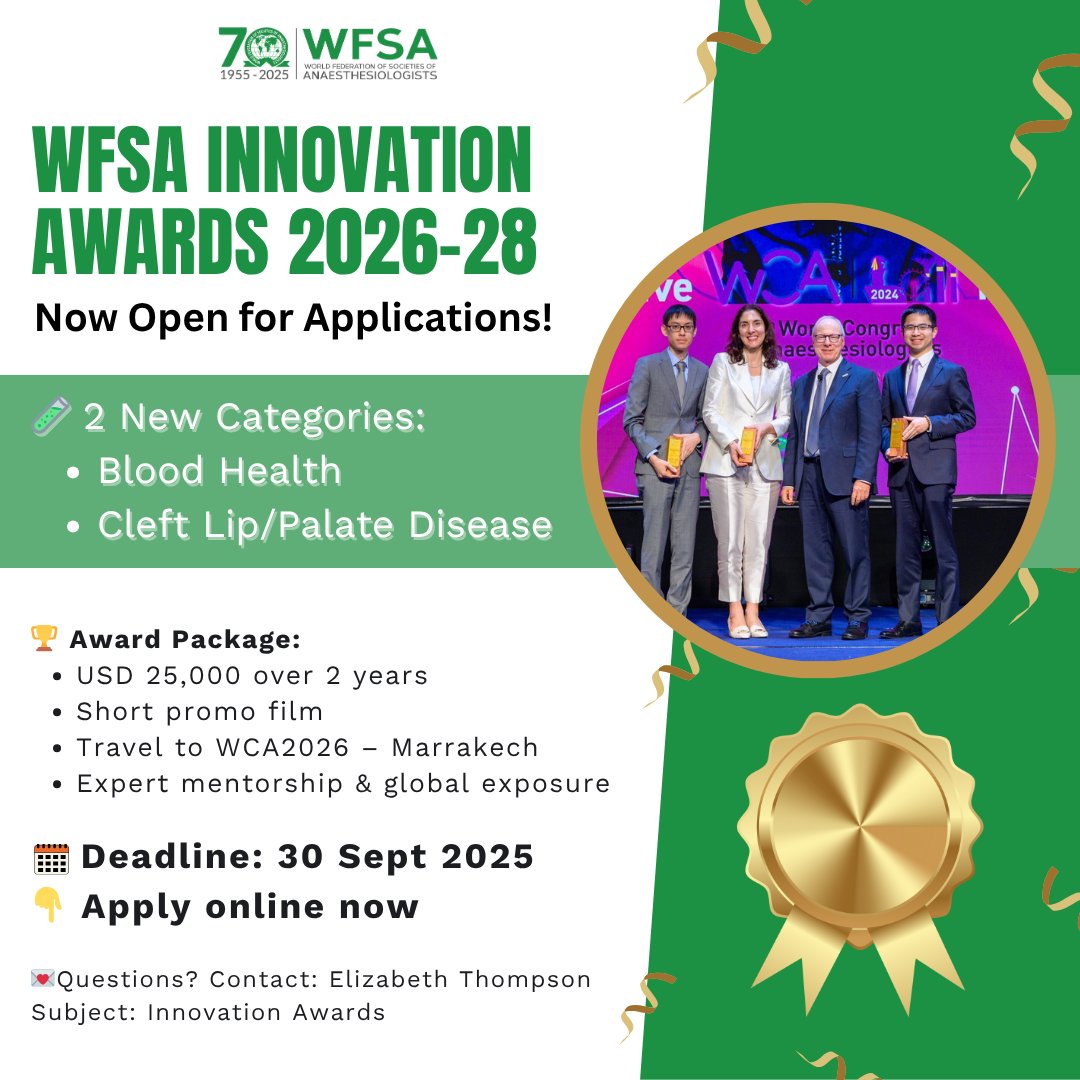wfsaorg's tweet image. ⏰ Reminder: WFSA Innovation Awards 2026–28 
Applications close 30 Sept 2025!
🏆 Categories:
 🔴Blood Health (with CSL Vifor)
 😊Cleft Lip/Palate Disease (with Operation Smile)
💡 USD 25,000 + promo film + WCA2026 travel support
Apply now 👉 rb.gy/0p7lg8