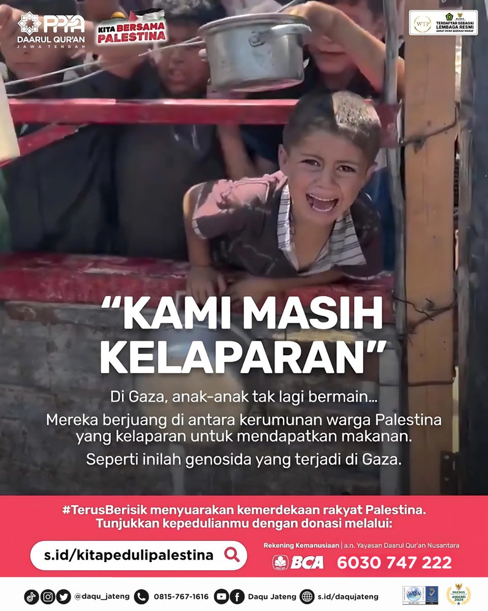 daqu_jateng's tweet photo. “Beri aku makanan, aku lapar…”
Kalimat itu keluar dari mulut anak-anak di Gaza yang tubuhnya lemah, dan air matanya terus jatuh hanya karena ingin sesuap makanan.

Bersama kita bisa hadirkan harapan untuk saudara-saudara di Palestina dengan donasi melalui https://t.co/TrkRnfyZwE https://t.co/MqnhX2ZICT