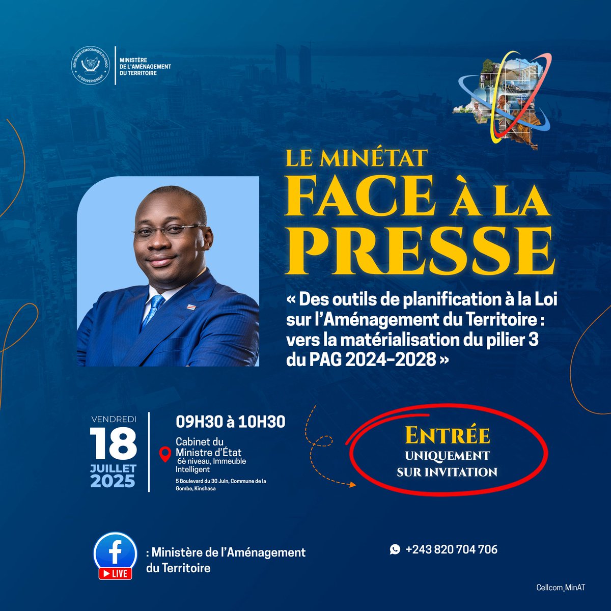 Ministère de l'Aménagement du Territoire de la RDC (@minat_rdc) on Twitter photo #ConfPresseMinAT | Ce vendredi 18 juillet, le Ministre d’État Maître <a href="/Guy_Loando/">Guy Loando Mboyo</a> présente à la presse les outils techniques et juridiques qui transforment durablement la gestion du territoire.
Du #PNAT à la Loi sur l’Aménagement du Territoire : cap sur le pilier 3 du #PAG #ConfPresseMinAT | Ce vendredi 18 juillet, le Ministre d’État Maître <a href="/Guy_Loando/">Guy Loando Mboyo</a> présente à la presse les outils techniques et juridiques qui transforment durablement la gestion du territoire.
Du #PNAT à la Loi sur l’Aménagement du Territoire : cap sur le pilier 3 du #PAG
