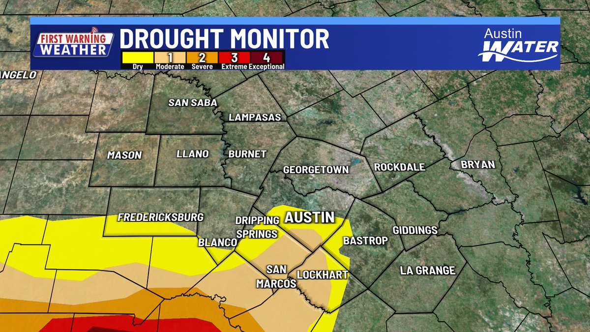 KristenCurrieTV's tweet image. BREAKING: today's drought update now pulls Gillespie & Blanco County out of drought conditions. A moderate drought (1 out 4) remains for parts of Travis, Hays & Caldwell County. #Austin #ATX #TXWX