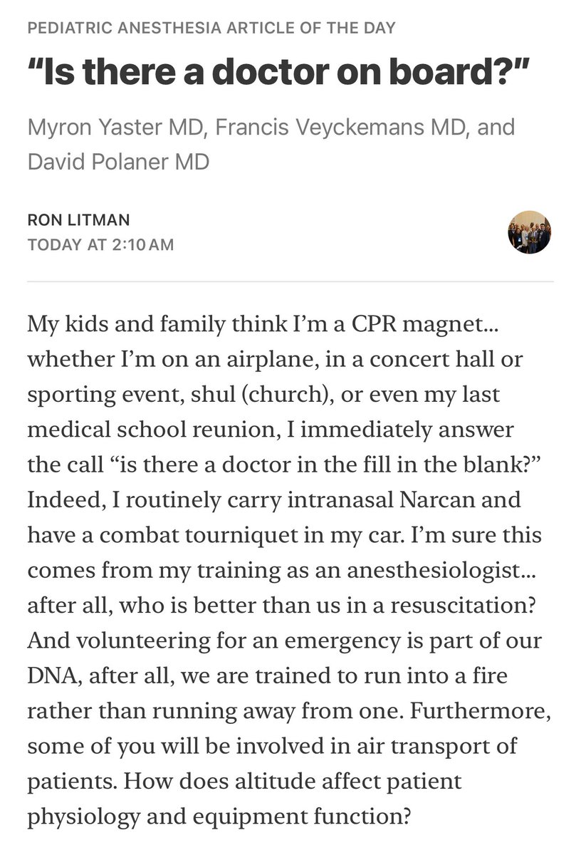 Pediatric Anesthesia Article of the Day 

“Is there a doctor on board?”

Myron Yaster MD, Francis Veyckemans MD, and David Polaner MD

open.substack.com/pub/ronlitman/…

#PedsAnes #PedsPain #PedsCardsAnes #PedsICU #MedEd #PAAD