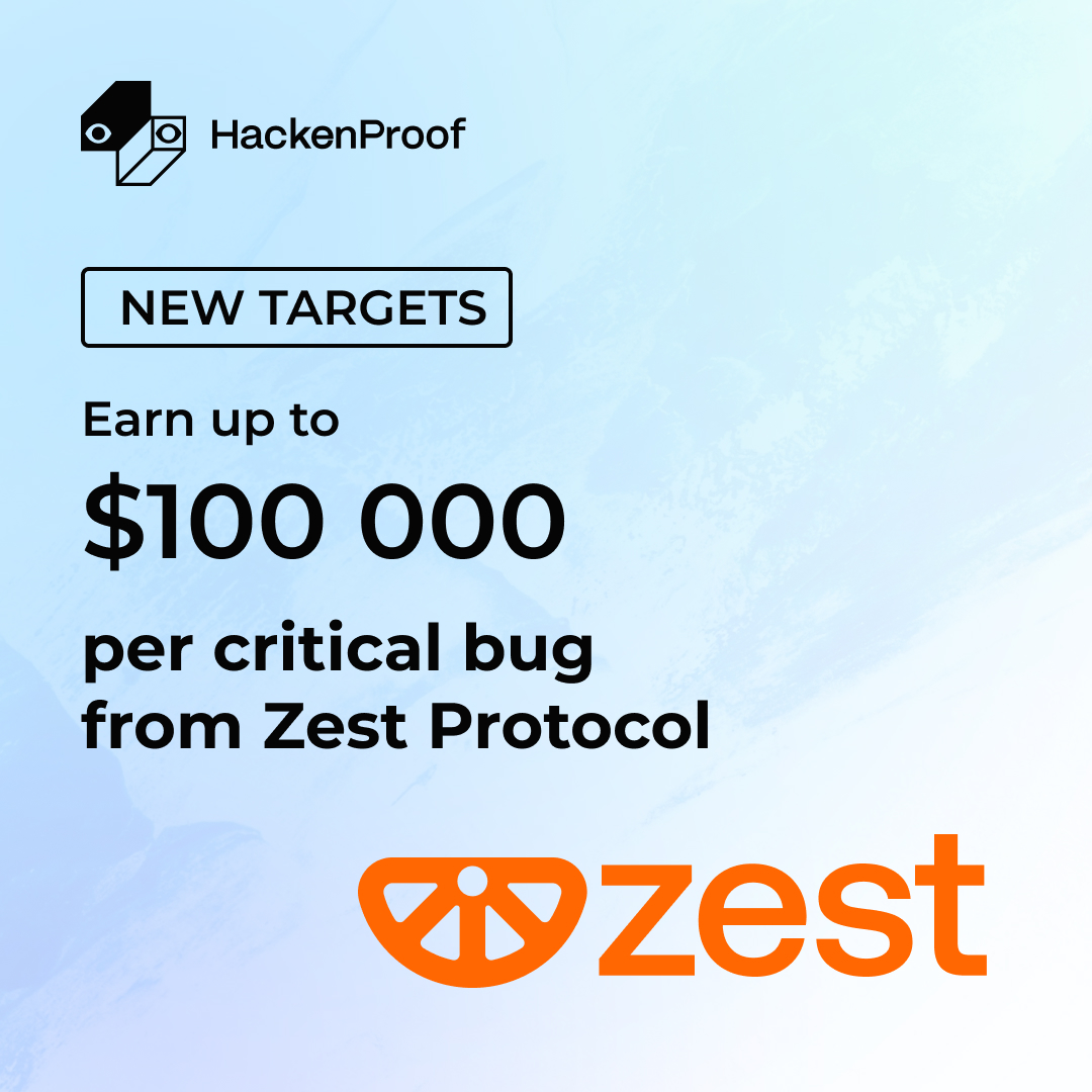 HackenProof (@hackenproof) on Twitter photo ✅ <a href="/ZestProtocol/">Zest Protocol 🍊</a> has just added new targets to the scope!
Fresh smart contracts are now live, ready for skilled eyes and sharp minds.
👉Dive in, find the bugs, and claim your bounty: hackenproof.com/programs/zest-… ✅ <a href="/ZestProtocol/">Zest Protocol 🍊</a> has just added new targets to the scope!
Fresh smart contracts are now live, ready for skilled eyes and sharp minds.
👉Dive in, find the bugs, and claim your bounty: hackenproof.com/programs/zest-…