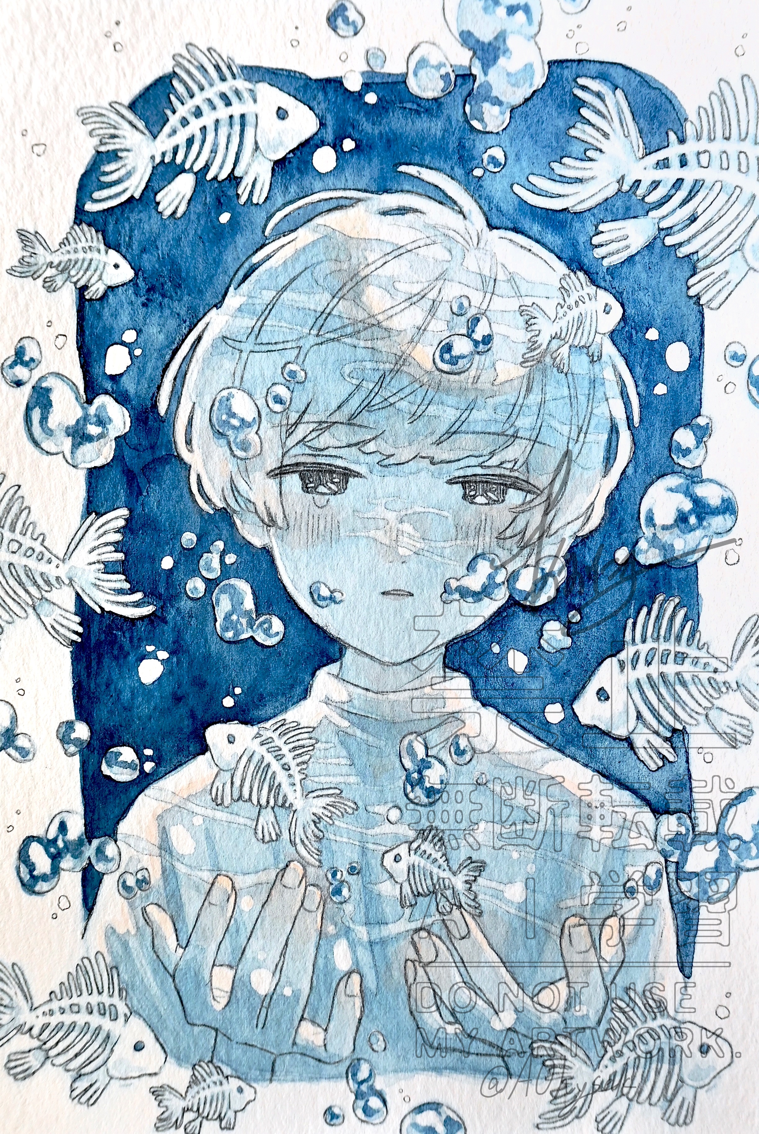 絵画　『蒼』 水彩画原画 MotherEarthと共に （オーダーメイド特注サイズ