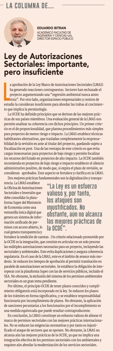 Espacio Público (@espublicocl) on Twitter photo 🗣️ "La Ley Marco de Autorizaciones Sectoriales es un esfuerzo valioso y, por tanto, los ataques son injustificados. No obstante, aún no alcanza las mejores prácticas de la OCDE", señala nuestro director <a href="/EduardoBitran/">Eduardo Bitran</a> en <a href="/DFinanciero/">Diario Financiero</a>. Lee su columna 👇🏽 🗣️ "La Ley Marco de Autorizaciones Sectoriales es un esfuerzo valioso y, por tanto, los ataques son injustificados. No obstante, aún no alcanza las mejores prácticas de la OCDE", señala nuestro director <a href="/EduardoBitran/">Eduardo Bitran</a> en <a href="/DFinanciero/">Diario Financiero</a>. Lee su columna 👇🏽