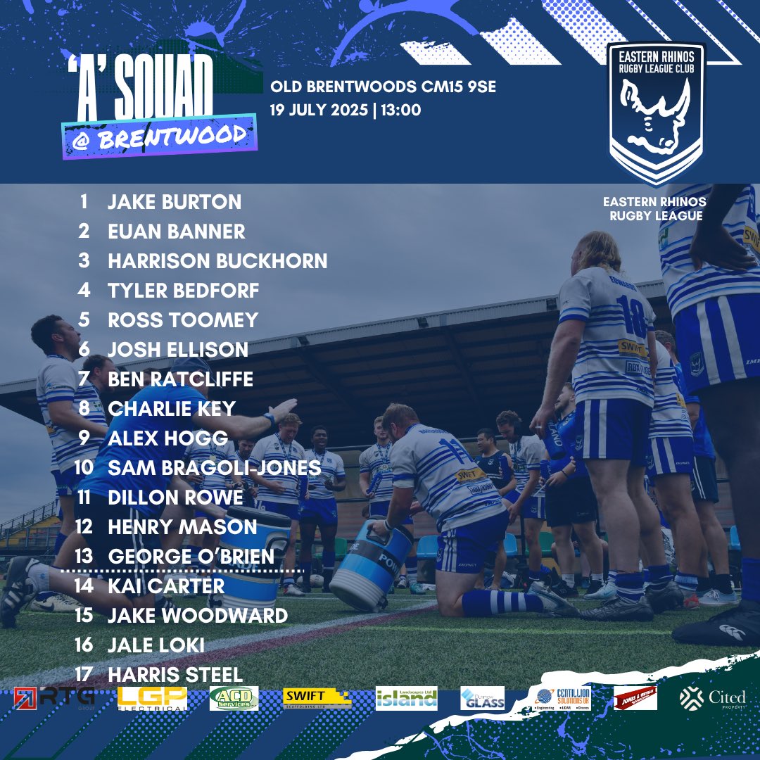 ✌️Double Header 
🆚<a href="/BrentwoodRLFC/">Brentwood RLFC “The Eels”</a> 
📍Old Brentwoods CM15 9SE
🗓️Sat 19/7⌚️1pm &amp; 2:30pm

#LetsgoRhinos

Thanks to our Sponsors👊
Island Landscapes
Dunmow Glass
Swift Scaffolding
LGP Electrical
ACD Services
Centillion Solutions
RTG Group
Jones &amp; Whymark
Cited Property
