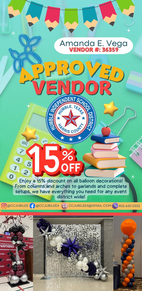 Amanda E. Vega (@vlj2605) on Twitter photo <a href="/HumbleISD/">Humble ISD</a> Email me to request a price list and start planning your BACK TO SCHOOL balloon decor today! ccjubilee4@gmail.com #humbleisd #districtvendor #balloondecor <a href="/HumbleISD/">Humble ISD</a> Email me to request a price list and start planning your BACK TO SCHOOL balloon decor today! ccjubilee4@gmail.com #humbleisd #districtvendor #balloondecor