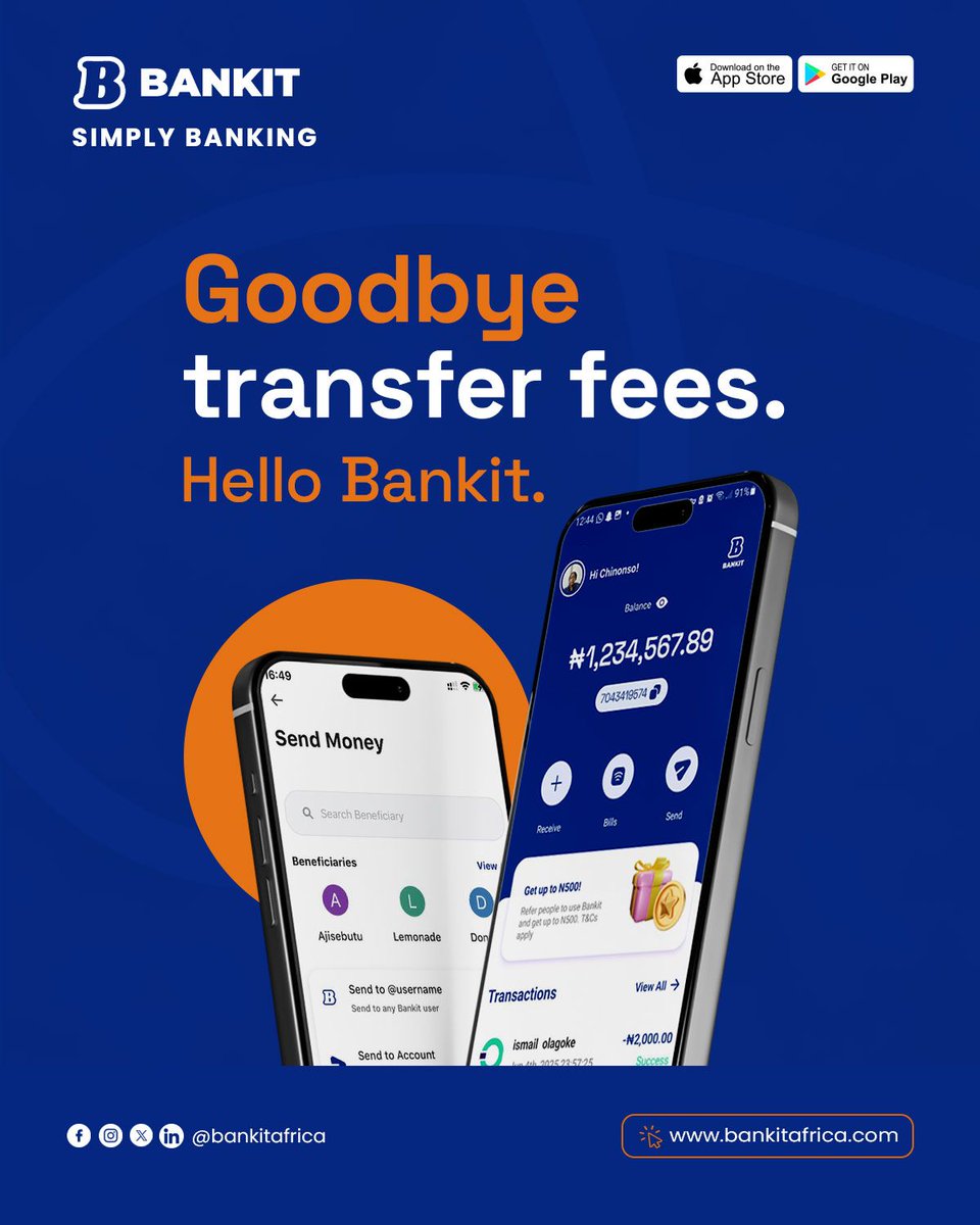 BankitAfrica's tweet image. With Bankit, sending money is now stress-free  and fee-free.
Why pay more when you can Bankit?

👉 Follow our page @bankitafrica for more smart money moves.

#BankitAfrica #SimplyBanking #ZeroTransferFees #DigitalBanking #NaijaFintech #SendMoneyFree