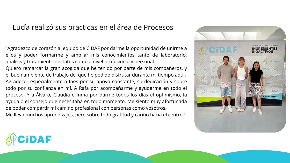CIDAF_GR's tweet image. 🎓 En CIDAF seguimos impulsando la formación práctica 👩🔬
Hoy destacamos a Lucía Barredo, estudiante del Máster en Calidad y Tecnología Alimentaria de la UGR, quien realizó su TFM sobre valorización de la hoja de olivo en el área de Procesos.
👉 cidaf.es/proyectos/