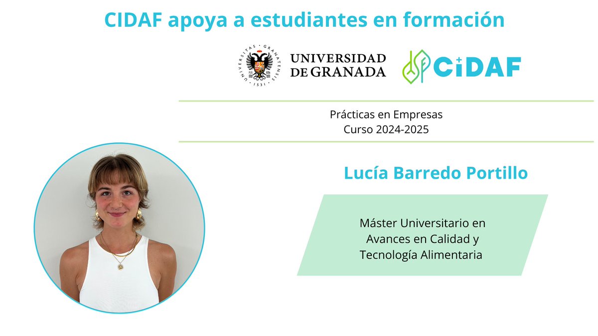 CIDAF_GR's tweet image. 🎓 En CIDAF seguimos impulsando la formación práctica 👩🔬
Hoy destacamos a Lucía Barredo, estudiante del Máster en Calidad y Tecnología Alimentaria de la UGR, quien realizó su TFM sobre valorización de la hoja de olivo en el área de Procesos.
👉 cidaf.es/proyectos/