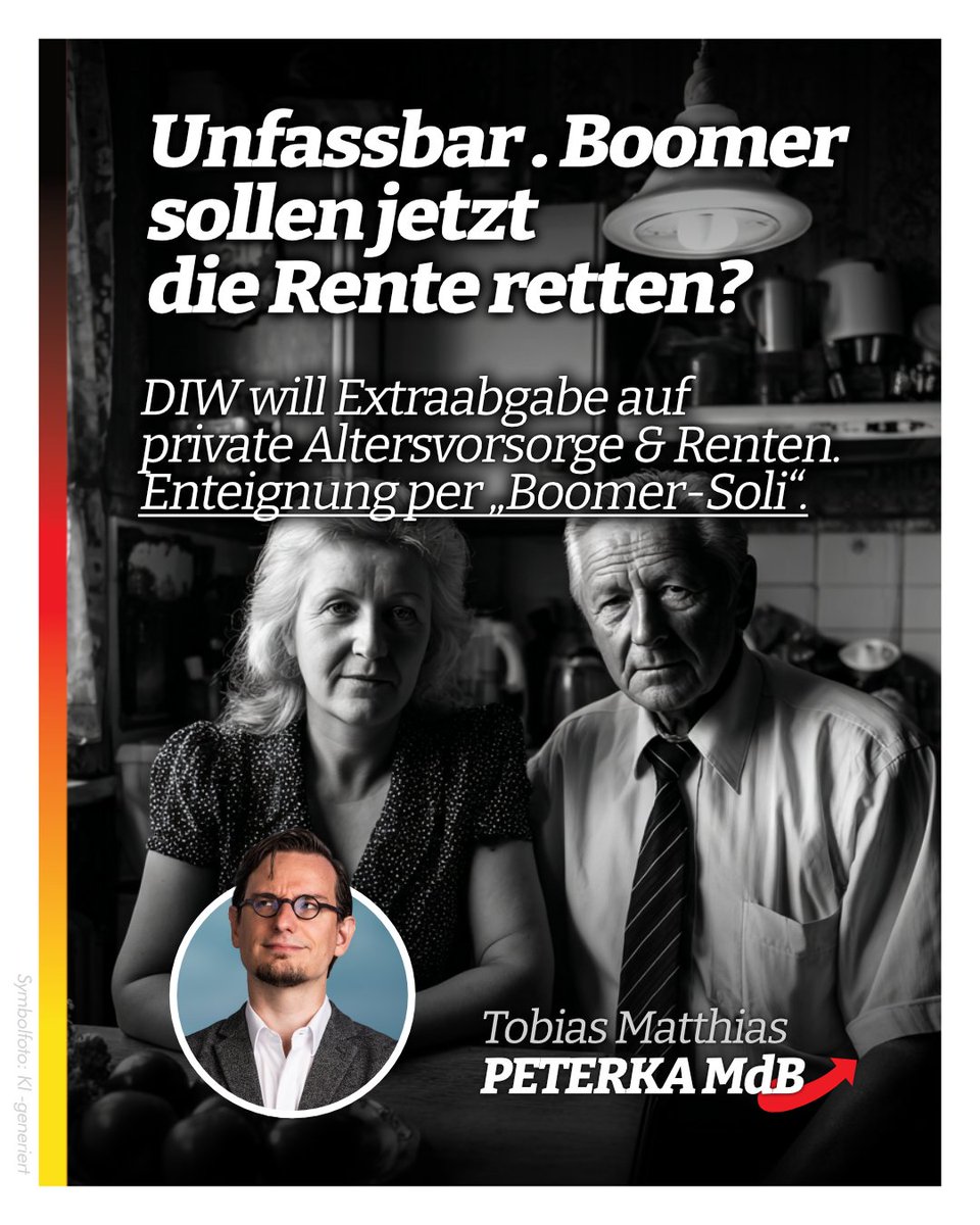 TobiasMPeterka's tweet image. Das DIW nennt es #BoomerSoli.
Wir nennen es: schamlose Enteignung.
chk.me/q4ZVqmF
Wer Jahrzehnte gearbeitet, gespart und vorgesorgt hat, soll jetzt „zur Kasse“ – mit 10 % Sonderabgabe auf alles über 1.048 €.
Rente, Miete, Rücklagen – einfach weg.