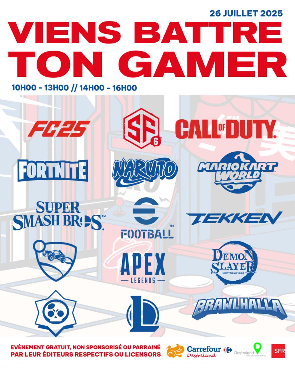 🎮 Viens battre ton gamer !
📅 Sam. 26 juillet 2025
Viens défier nos gamers sur FC25, SF6, COD et + !
Bats-en un = tirage au sort à 16h30 🎁
Sur FC25, SF6 &amp; COD : choisis entre le tirage ou défier le champion pour 200 € cash par jeux💸
Viens solo, entre potes ou en famille !