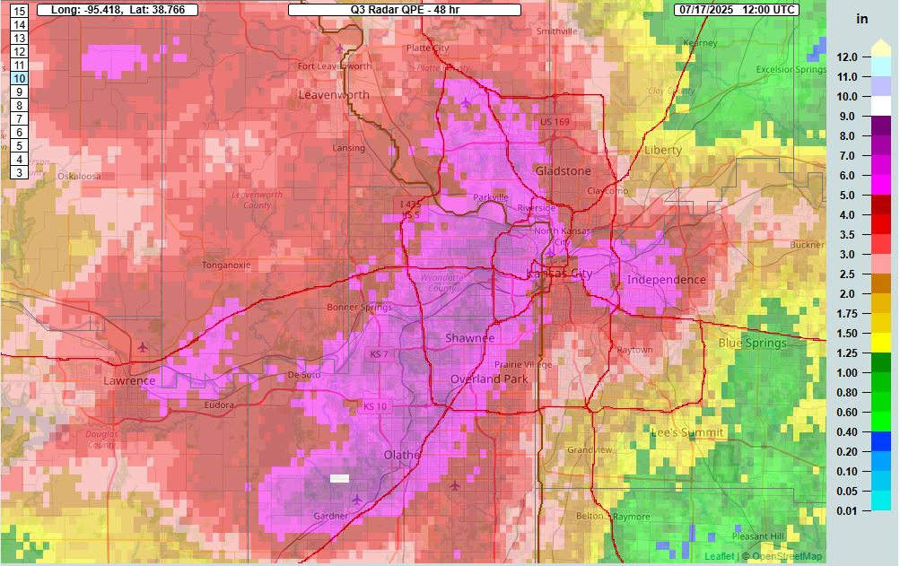 Radar indicated rain totals over the past 48 hours...notice the scale on the right. Almost 15 TIMES more rain from southeastern Cass Co to JOCO KS. JL #mowx #kswx #kansascity