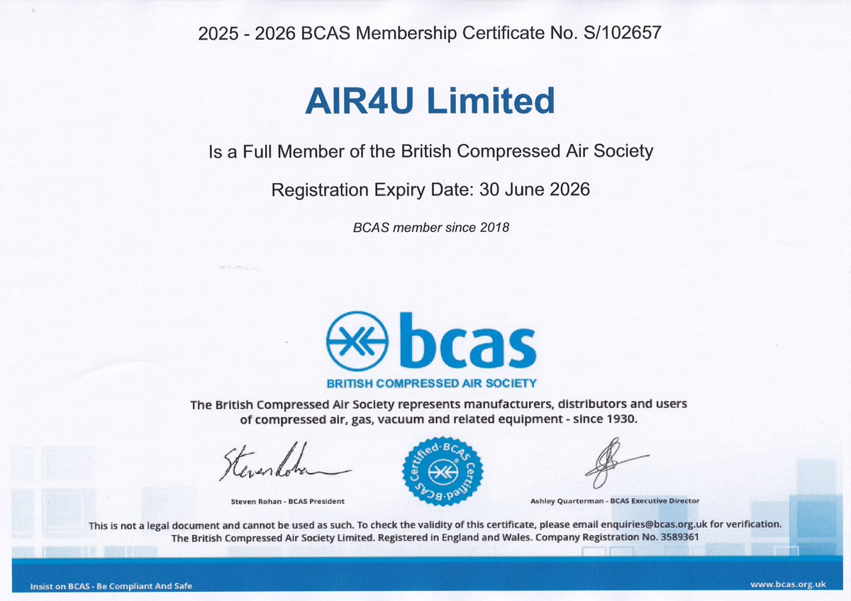 Air4u Limited are members of BCAS for another year! #air4ultd #bcas #compressedair #westsussex #eastsussex #surrey #Hampshire