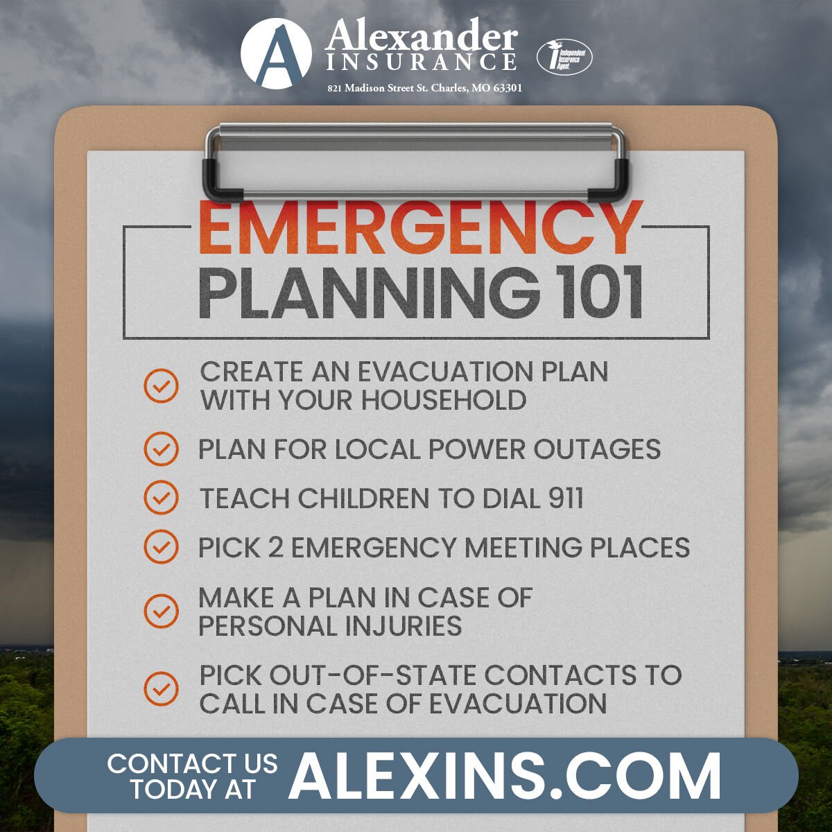 alexins63301's tweet image. Recent storms have reminded us how quickly things can change. Are you truly prepared for the unexpected? #AlexanderInsurance is here to help, offering an essential emergency preparedness checklist designed to secure you and your home.

Get A Free Quote: bit.ly/30rP4nK