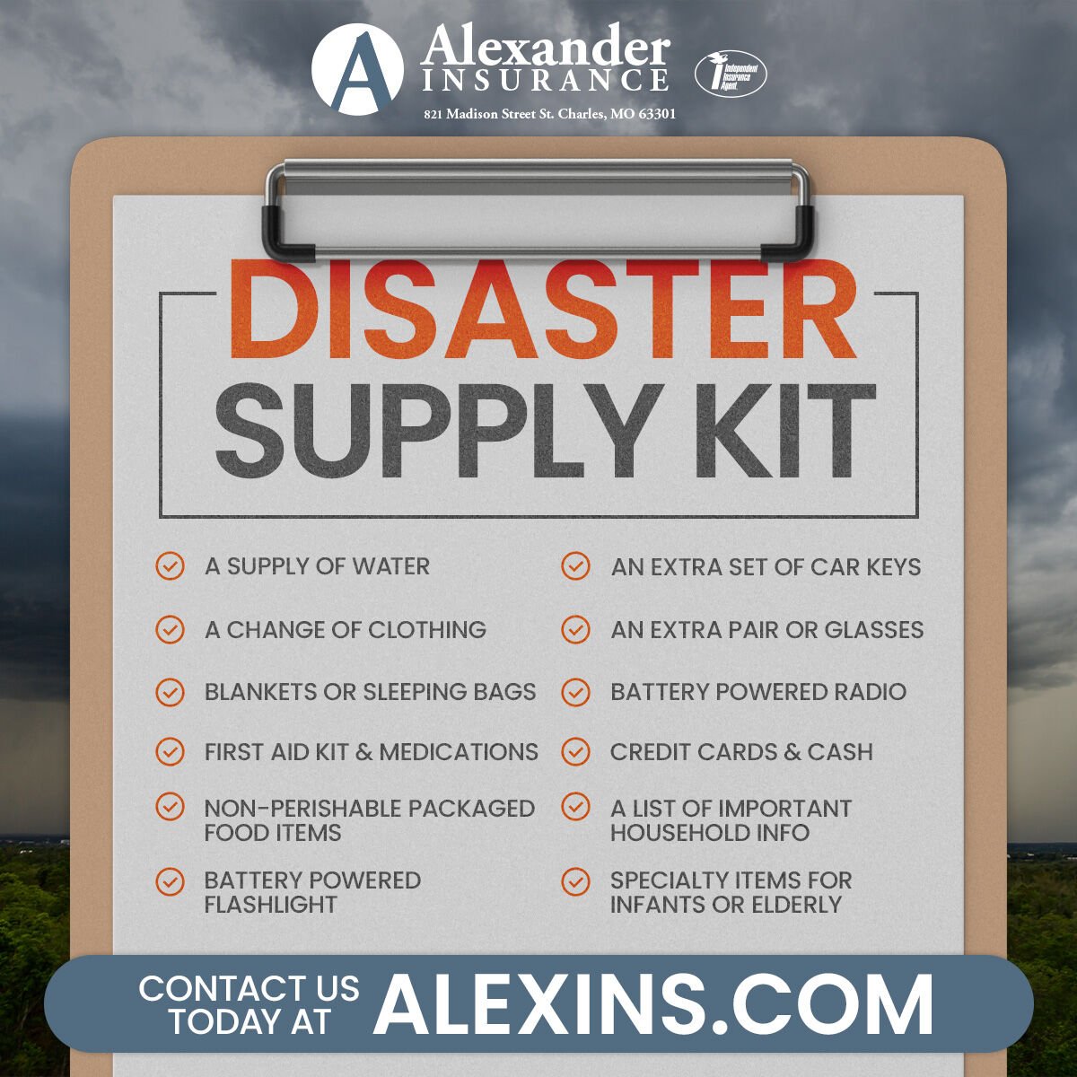 alexins63301's tweet image. Recent storms have reminded us how quickly things can change. Are you truly prepared for the unexpected? #AlexanderInsurance is here to help, offering an essential emergency preparedness checklist designed to secure you and your home.

Get A Free Quote: bit.ly/30rP4nK