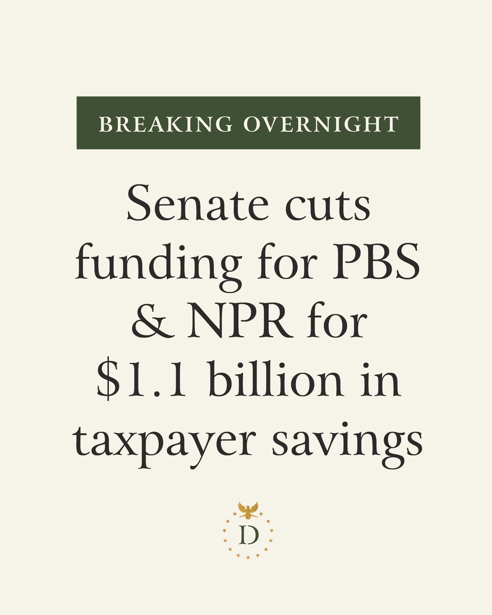 DanburyInst's tweet image. Just after 2 a.m. Thursday, the U.S. Senate passed the rescissions package which cuts $1.1 billion in taxpayer funding for public broadcasting including PBS and NPR. The measure will now go back to the House of Representatives and then on to President Trump’s desk for his…
