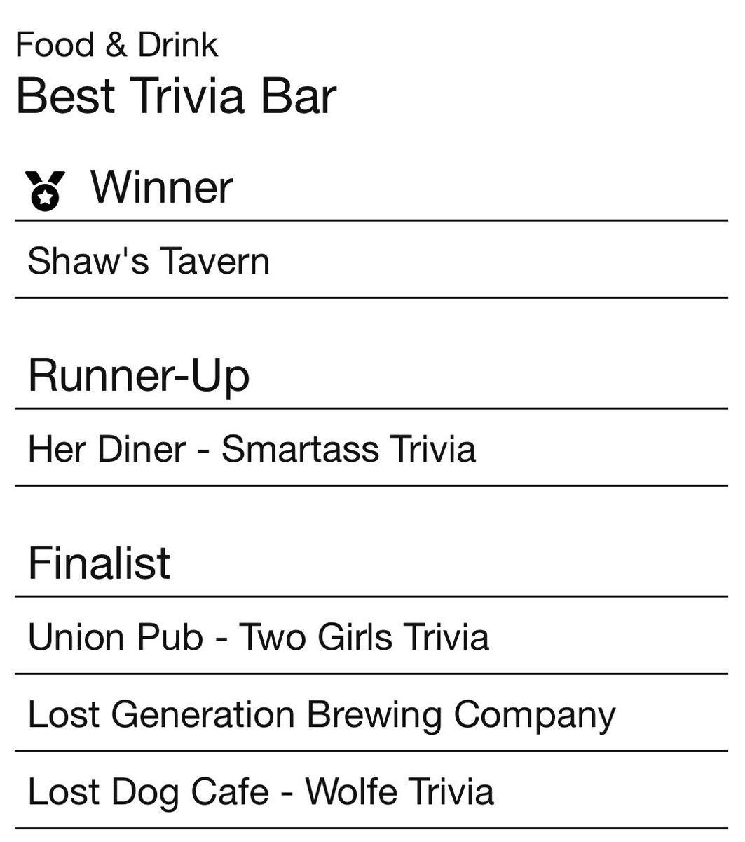 twogirlstrivia (@twogirlstrivia) on Twitter photo NERDS! Thank you! Thanks to you β your voting, your coming back week after week β <a href="/UnionPub/">Union Pub</a> is a <a href="/wcp/">Washington City Paper</a> Best Trivia Bar Finalist 2025.
Tuesdays at Union Pub and Wednesdays at <a href="/Henceforth_DC/">Henceforth,</a> (best new bar runner up, baby!) are so special to me. So THANK YOU. NERDS! Thank you! Thanks to you β your voting, your coming back week after week β <a href="/UnionPub/">Union Pub</a> is a <a href="/wcp/">Washington City Paper</a> Best Trivia Bar Finalist 2025.
Tuesdays at Union Pub and Wednesdays at <a href="/Henceforth_DC/">Henceforth,</a> (best new bar runner up, baby!) are so special to me. So THANK YOU.