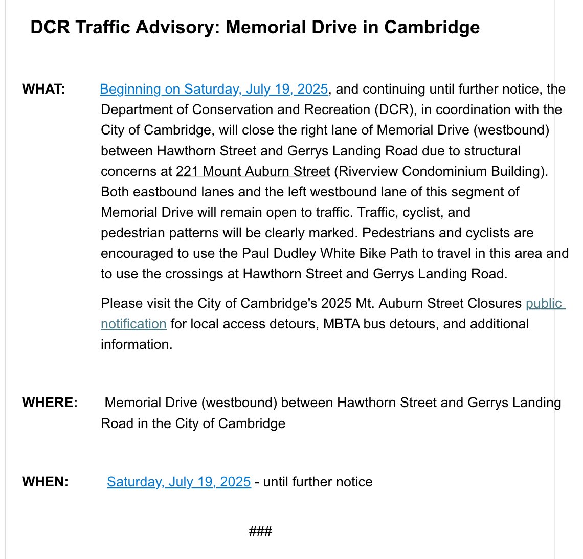 MassDCR's tweet image. We have issued the following advisory for Memorial Drive in Cambridge: