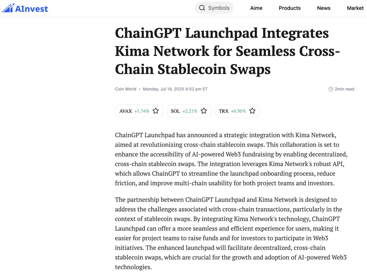 🚀 Big news from the launchpad frontier!

<a href="/ChainGPT_Pad/">ChainGPT Pad (Buzzing)</a> has integrated Kima’s decentralized settlement layer, unlocking seamless, real-time stablecoin swaps across 10+ blockchains.

USDC, USDT, and more… now flow across Solana, Tron, Arbitrum, Avalanche, and beyond, all without