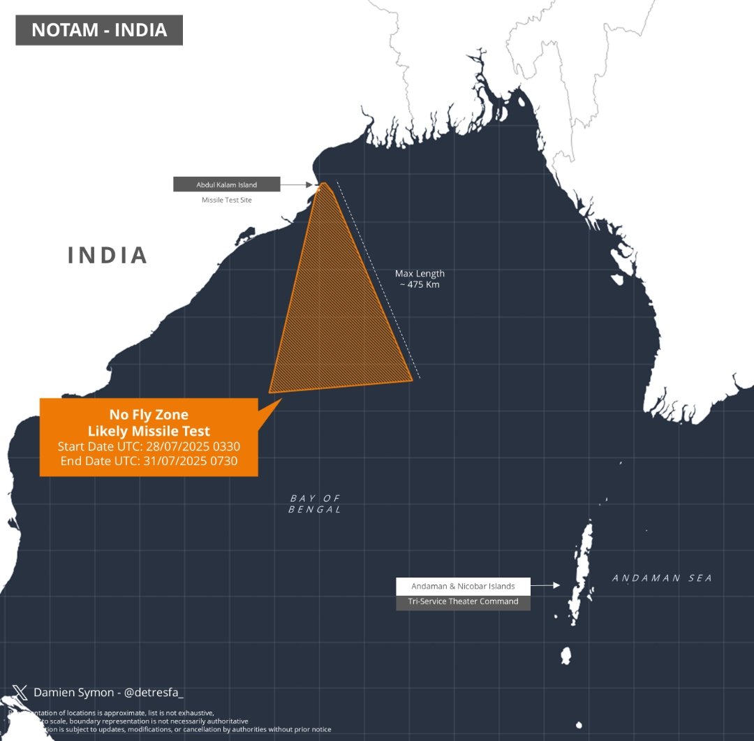 Power_Axis1's tweet image. 🚨 #AreaWarning | #India issues a #NOTAM for a likely missile test over the Bay of Bengal between 28–31 July 2025

#DRDO is on fire—just yesterday we saw user trials of the #Akash Prime air defence system, and now another missile test is on the horizon

#MissileTest #AkashPrime