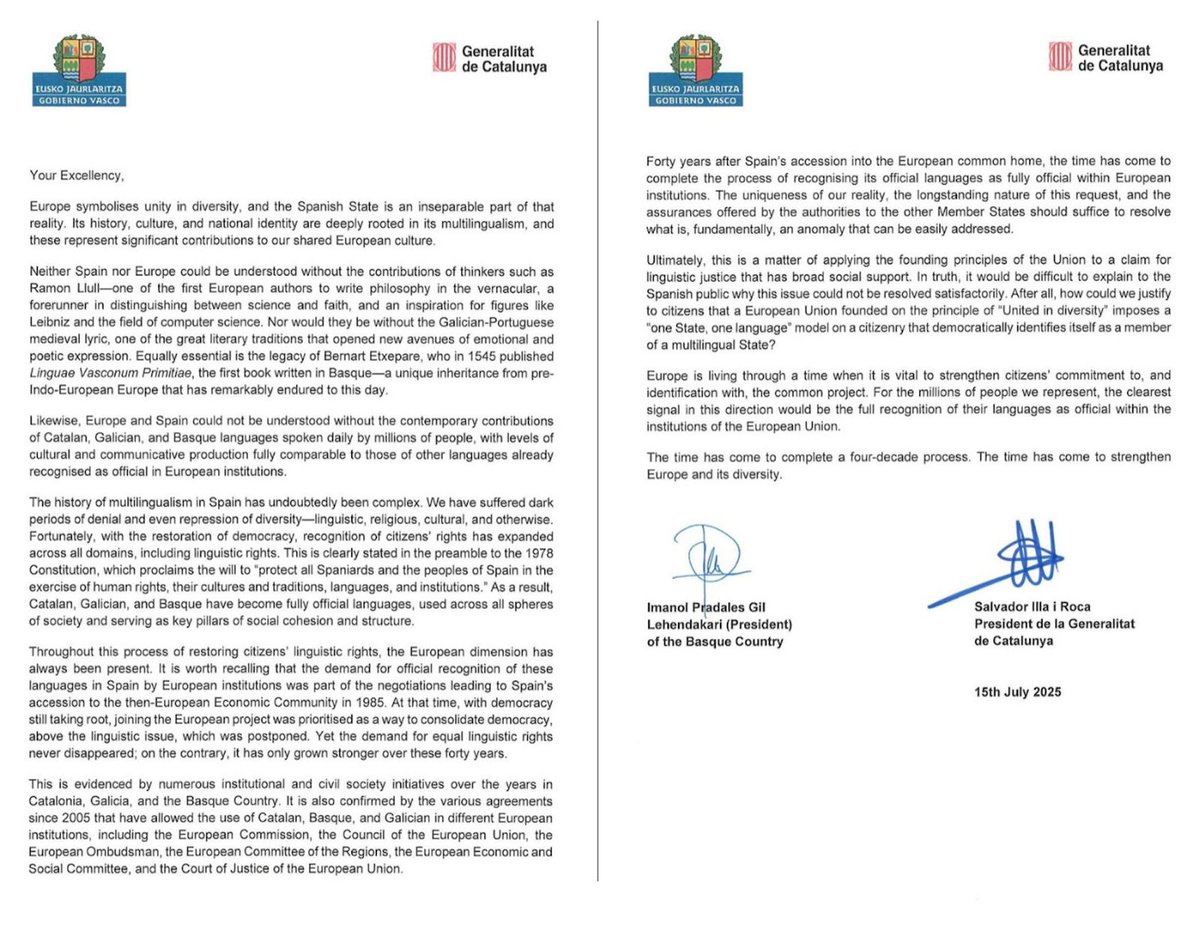 eajpnv's tweet photo. ✍️ Imanol Pradales Lehendakariaren eta Generalitateko president den @salvadorilla-ren gutuna Europar Batasuneko Estatu kide guztiei, #euskara-ren eta #katalana-ren ofizialtasun osoa eskatzeko.

“Europa ez litzateke #Europa izango hizkuntza aniztasunik gabe. Katalanak, euskarak eta #galegoa-k iragana, oraina eta etorkizuna dute, eta erabateko aitortza merezi dute”.