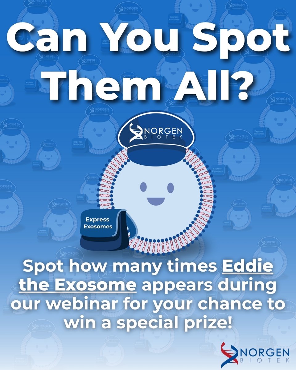 NorgenBiotek's tweet photo. 🎯 Can you spot Eddie the Exosome? Count how many times he appears during our webinar for a chance to win a prize! 

🧪 There's still time to register for the July 17th, 2:30 PM EDT session.
 👉 Register here: https://t.co/kwBvhD6OKv

 #Exosomes #Webinar #LabTech #Biotech #LifeSciences