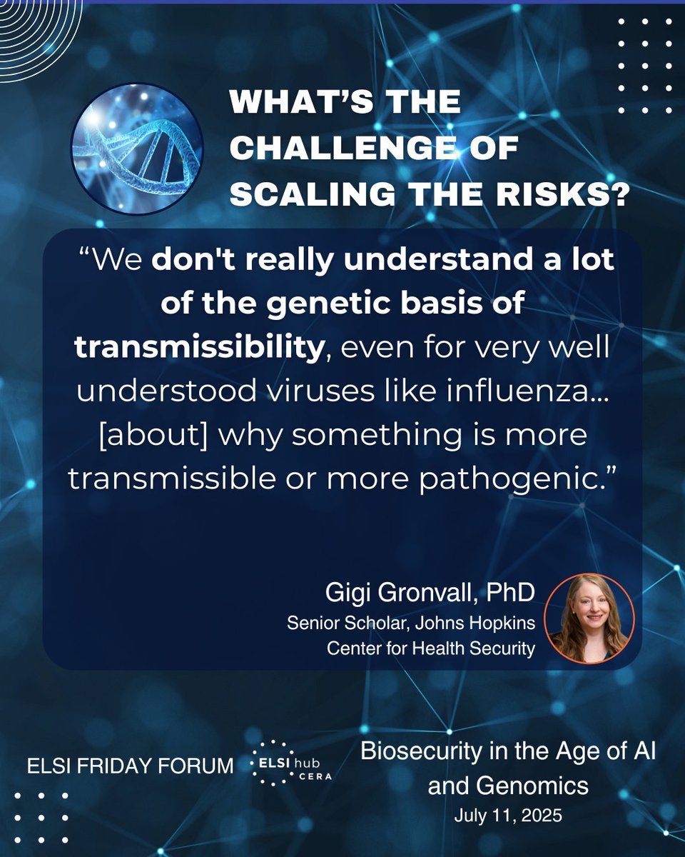 ELSIhub's tweet image. 🧬🛡️Biosecurity in the Age of AI & Genomics
AI&DNA tools bring promise—but also risk. How do we prevent misuse like engineered pathogens?
In July's #ELSIFridayForum, we talked about the dual-use dilemma. See recap insights - how to understand, scale and manage the dual-use risk