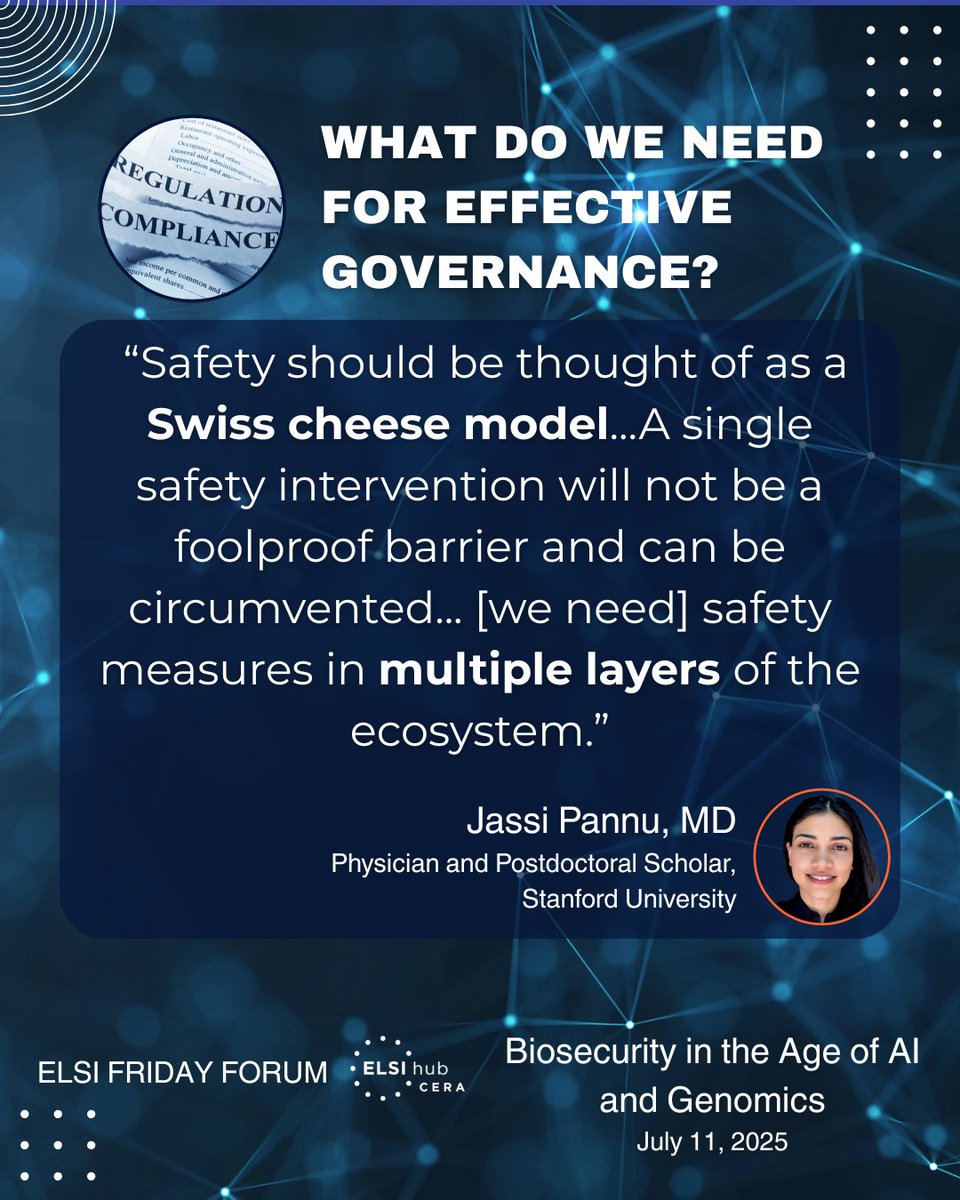 ELSIhub's tweet image. 🧬🛡️Biosecurity in the Age of AI & Genomics
AI&DNA tools bring promise—but also risk. How do we prevent misuse like engineered pathogens?
In July's #ELSIFridayForum, we talked about the dual-use dilemma. See recap insights - how to understand, scale and manage the dual-use risk