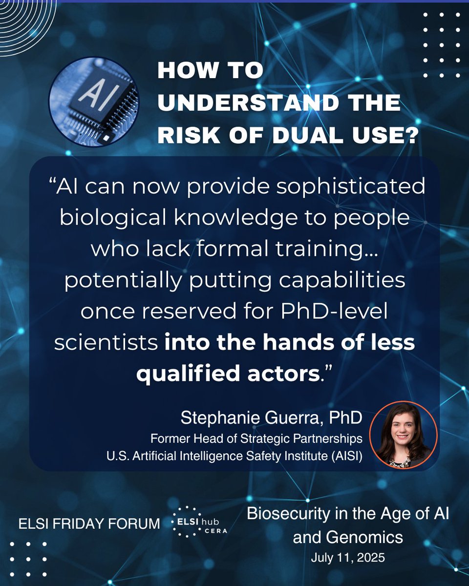ELSIhub's tweet image. 🧬🛡️Biosecurity in the Age of AI & Genomics
AI&DNA tools bring promise—but also risk. How do we prevent misuse like engineered pathogens?
In July's #ELSIFridayForum, we talked about the dual-use dilemma. See recap insights - how to understand, scale and manage the dual-use risk