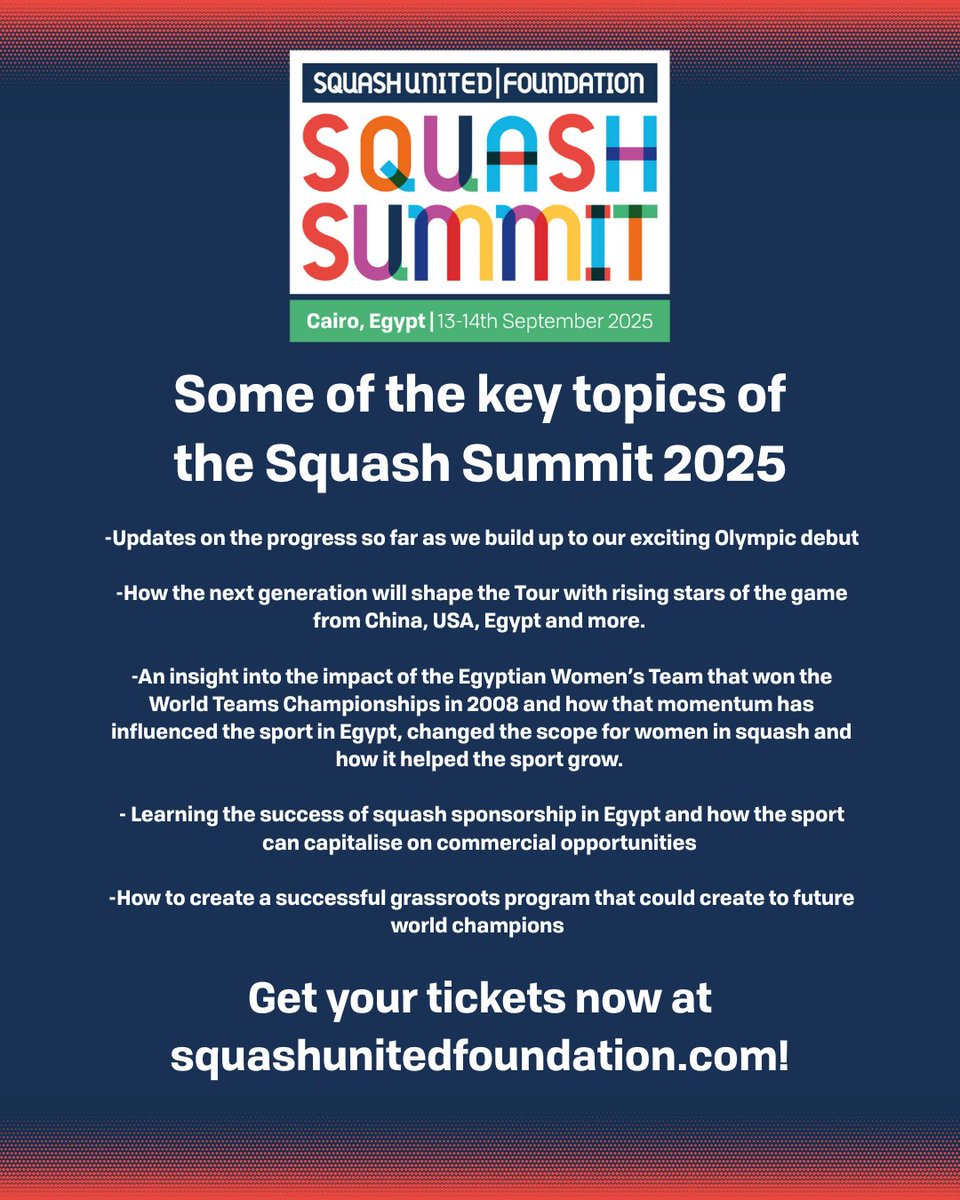 PSA Foundation (@psafoundation_) on Twitter photo The Squash Summit 2025 will feature many fantastic topics that will be key to informing the future direction of our sport!
Don't miss out, get your tickets for the Squash Summit 2025 now!
squashunitedfoundation.com/squash-summit/
<a href="/PSASquashTour/">PSA Squash Tour</a> The Squash Summit 2025 will feature many fantastic topics that will be key to informing the future direction of our sport!
Don't miss out, get your tickets for the Squash Summit 2025 now!
squashunitedfoundation.com/squash-summit/
<a href="/PSASquashTour/">PSA Squash Tour</a>