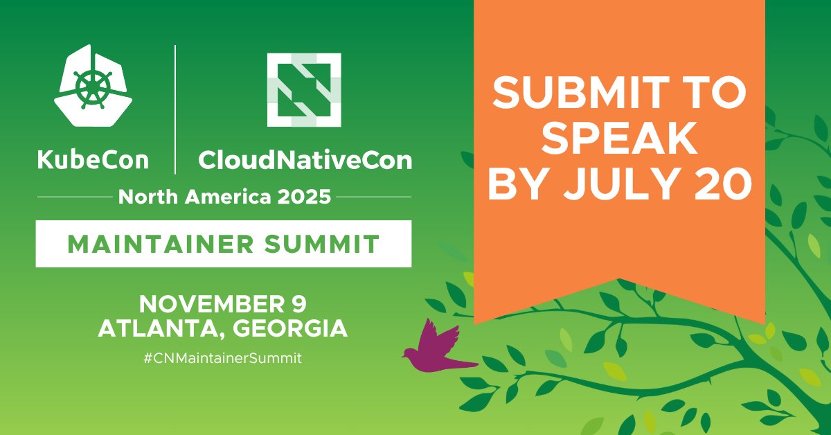 CloudNativeFdn's tweet image. β° Only 3οΈβ£ days left to submit to the #CNMaintainerSummit #CallForProposals!
Speak alongside fellow #CloudNative maintainers Nov 9 in ATL at #KubeCon + #CloudNativeCon North America.
π€ #CFP deadline: July 20
π hubs.la/Q03wN6tj0