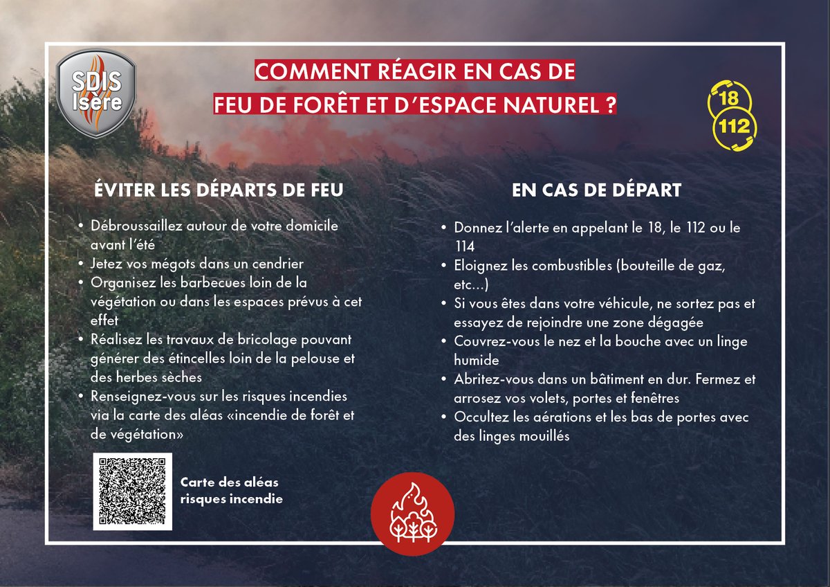 Sapeurs-pompiers de l'Isère - SDIS38 (@sdis38) on Twitter photo #FeuDeForêt 🔥🌳 | Les sapeurs-pompiers de l'Isère vous rappellent  quelques conseils de prévention pour éviter les feux de forêts. 9 feux de forêt sur 10 sont d'origine humaine.
Adoptons les bons réflexes pour protéger ensemble notre environnement et nos vies. #FeuDeForêt 🔥🌳 | Les sapeurs-pompiers de l'Isère vous rappellent  quelques conseils de prévention pour éviter les feux de forêts. 9 feux de forêt sur 10 sont d'origine humaine.
Adoptons les bons réflexes pour protéger ensemble notre environnement et nos vies.